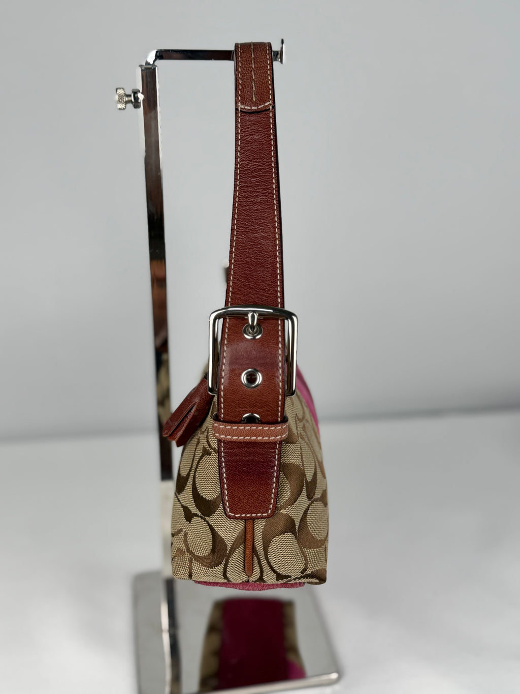 Coach 7039 Signature Brown Monogram Pink Suede Striped Detail Baguette Shoulder Bag