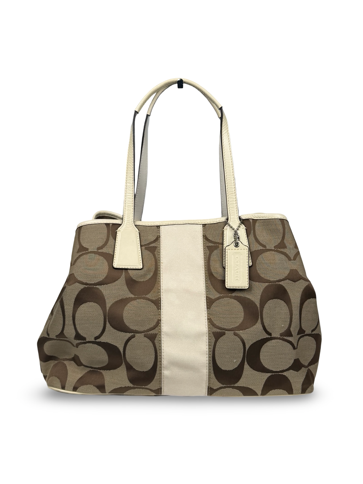 Coach F13533 Signature Brown Monogram Kisslock Shoulder Bag Cream Leather Trim