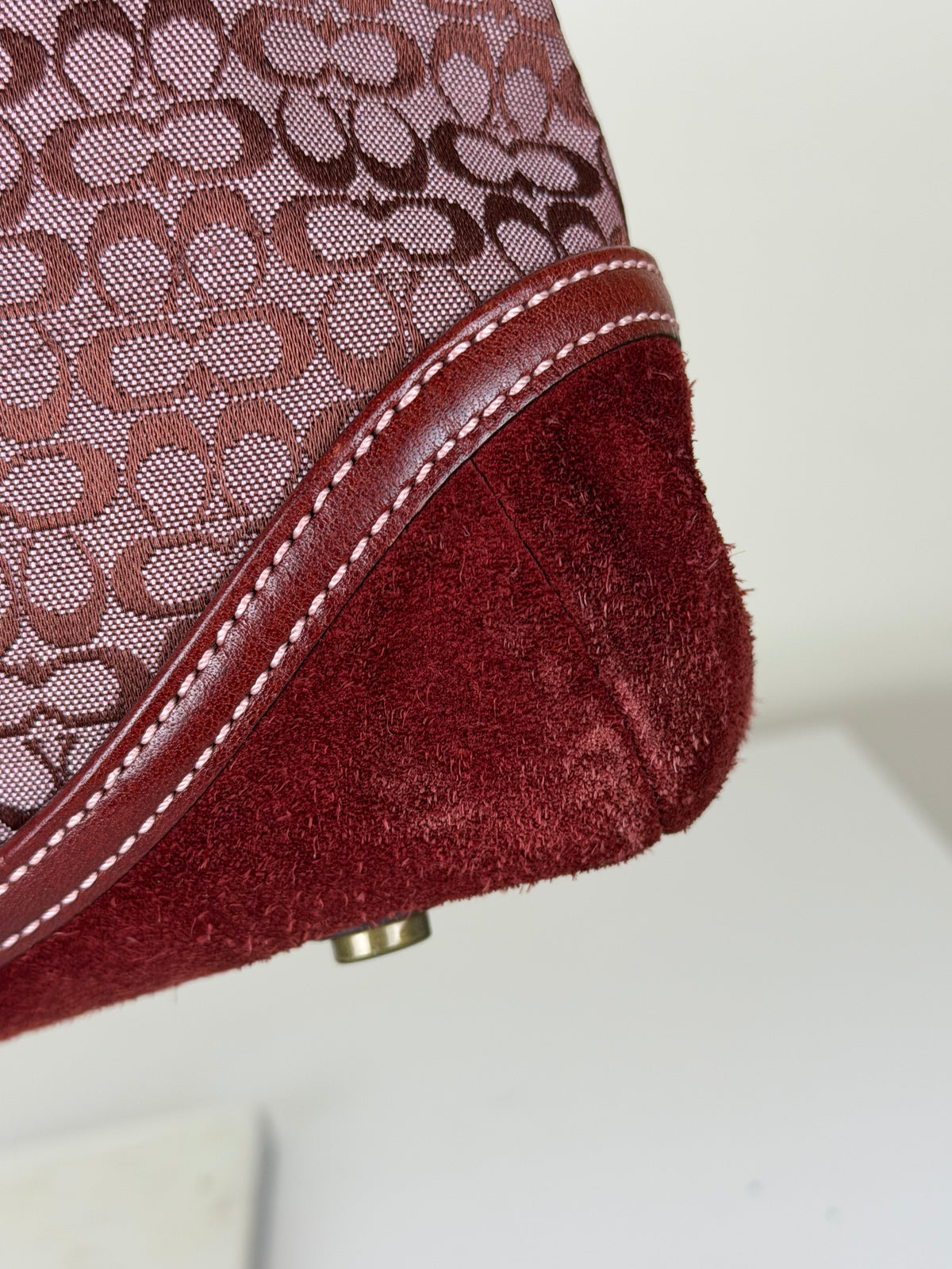 Coach 7078 Rare Soho Red Signature Monogram Hand Bag Leather Trim