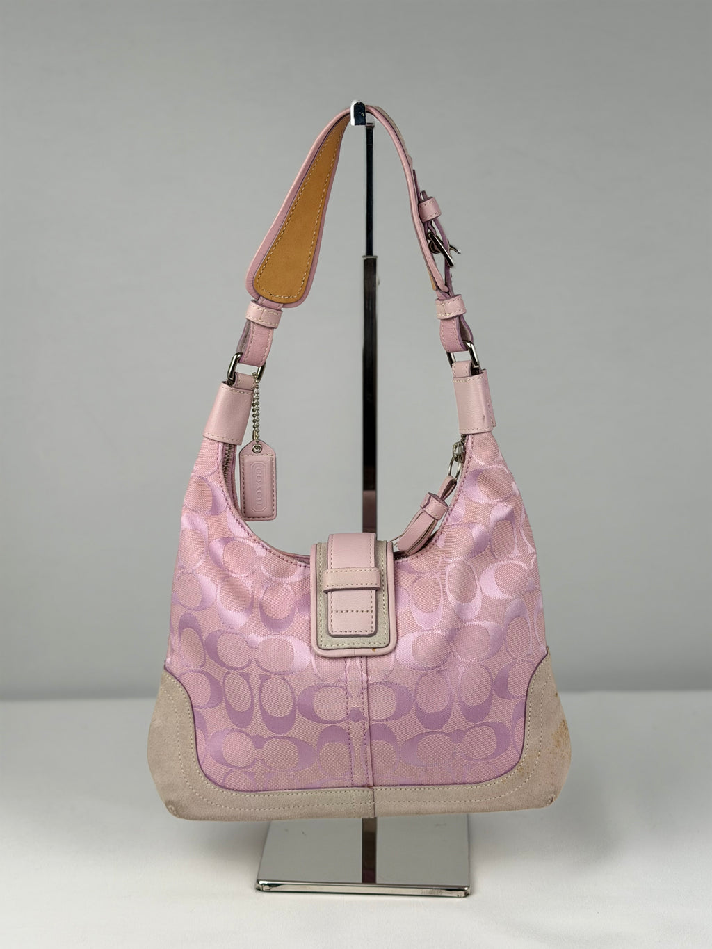 Rare Coach 6823 Soho Pink Monogram Shoulder Bag Suede Leather Trim
