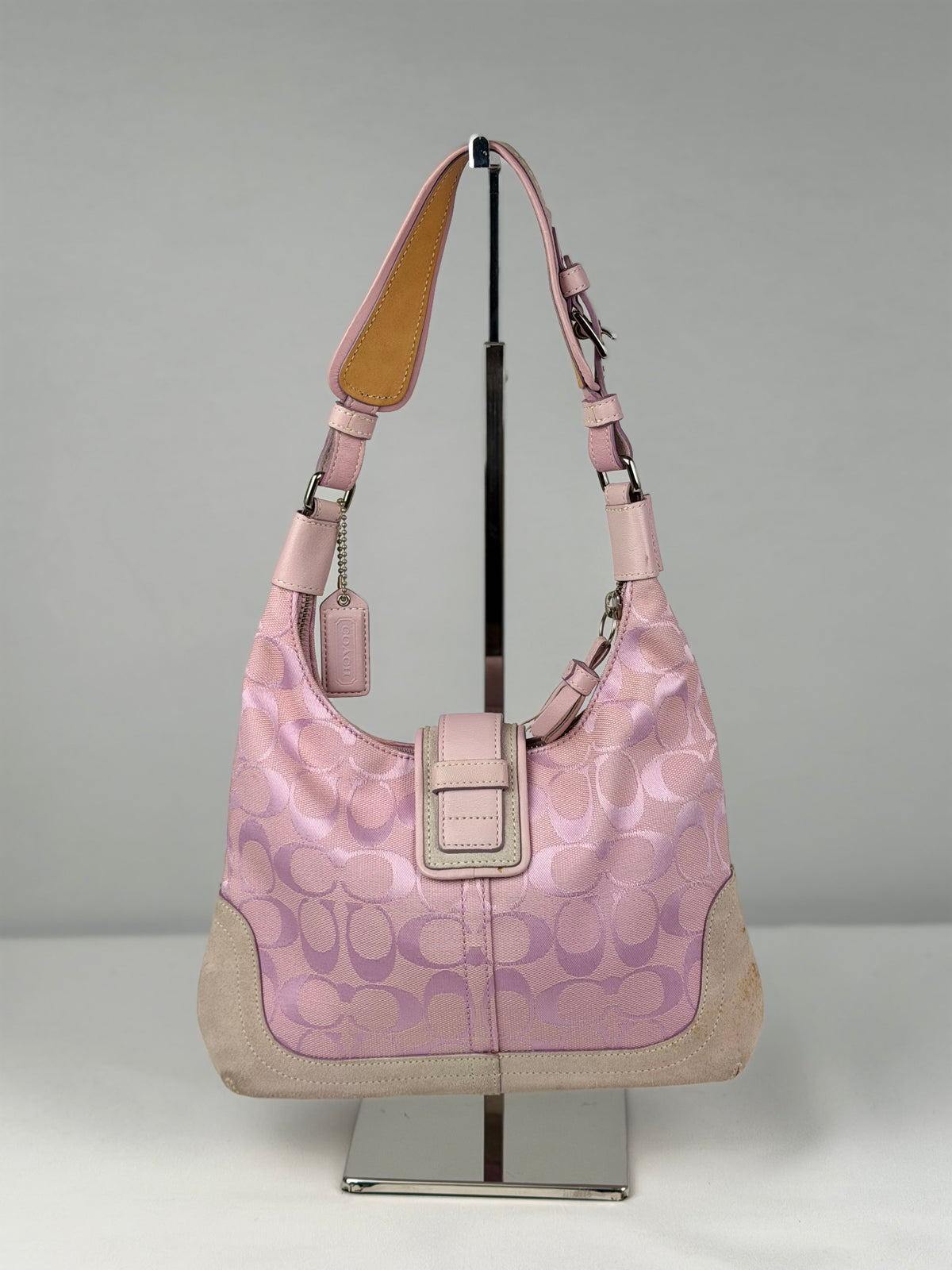 Rare Coach 6823 Soho Pink Monogram Shoulder Bag Suede Leather Trim