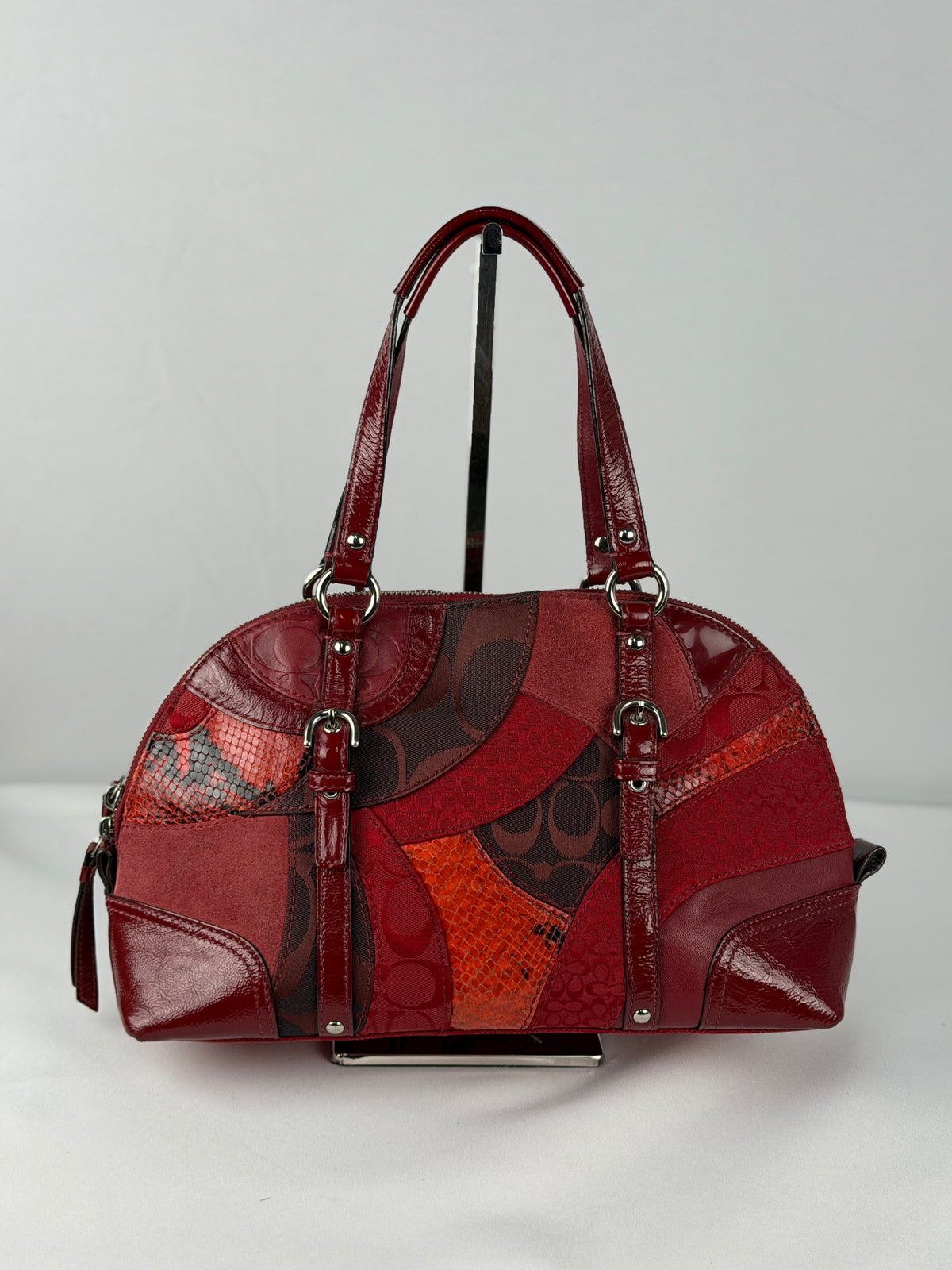 Rare Coach F14007 Red Patchwork Canvas Suede Leather Shoulder Bag