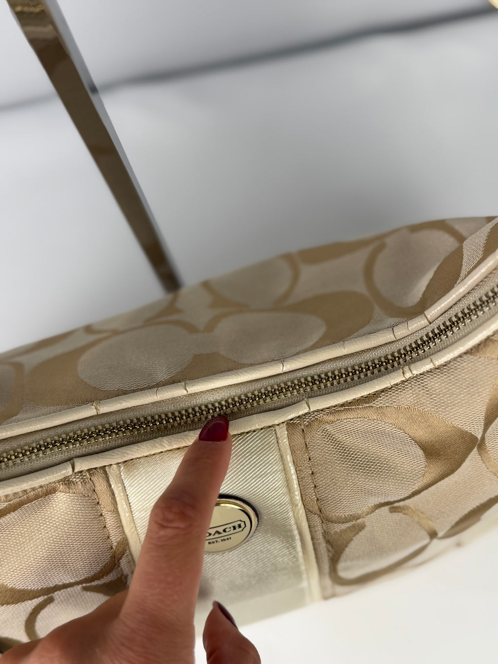 Coach F21873 Signature Beige Monogram Shoulder Bag Cream Leather Trim