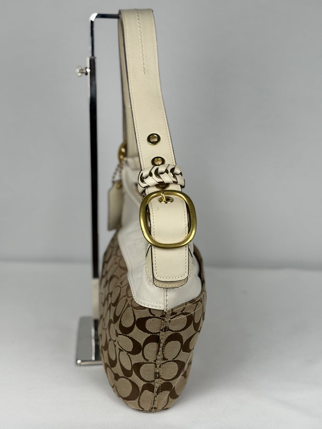 Coach 11444 Hobo Signature Brown Shoulder Bag White Leather Trim