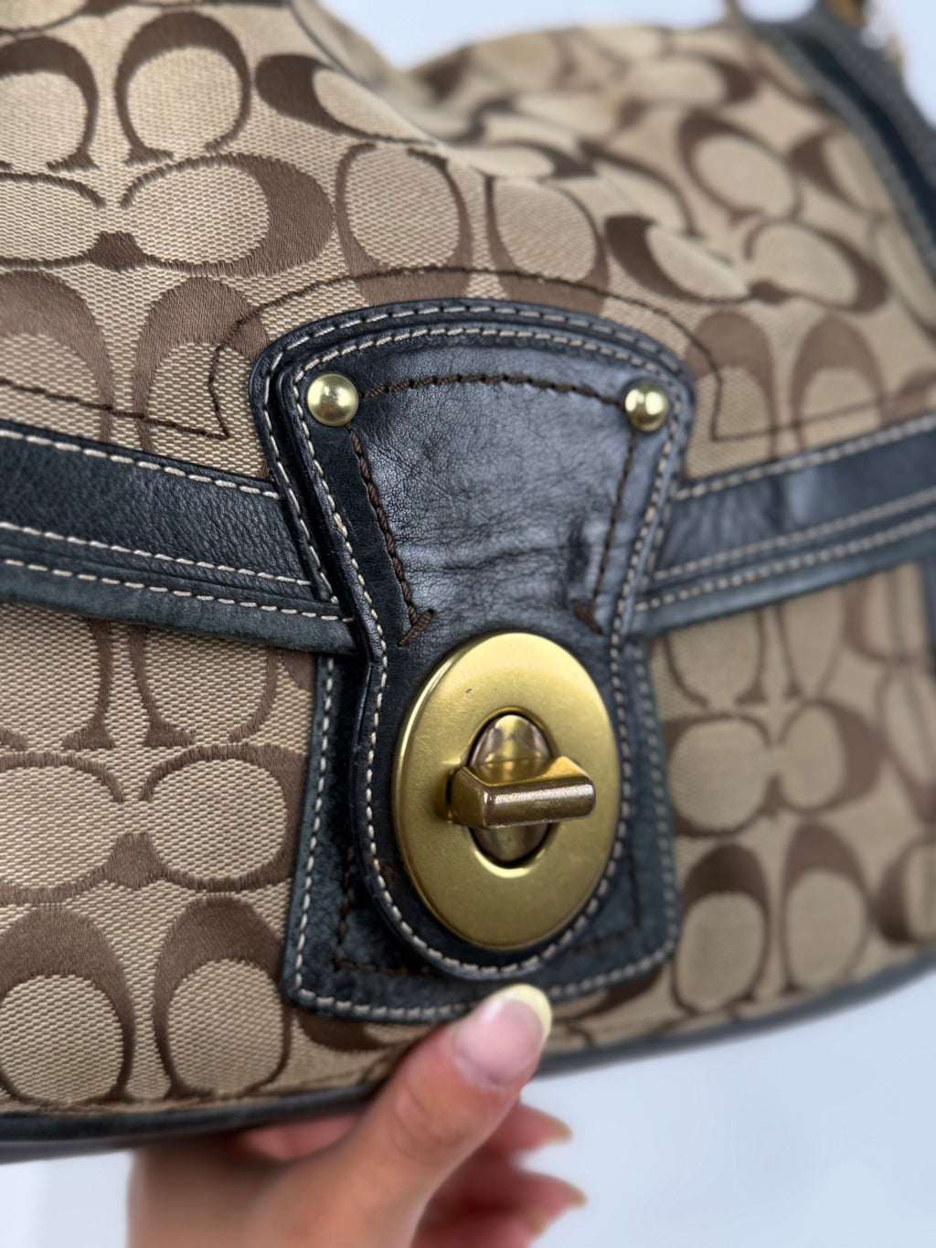 Coach 10338 Ali Legacy Turnlock Flap Signature Brown Monogram Shoulder Bag Black Leather Trim