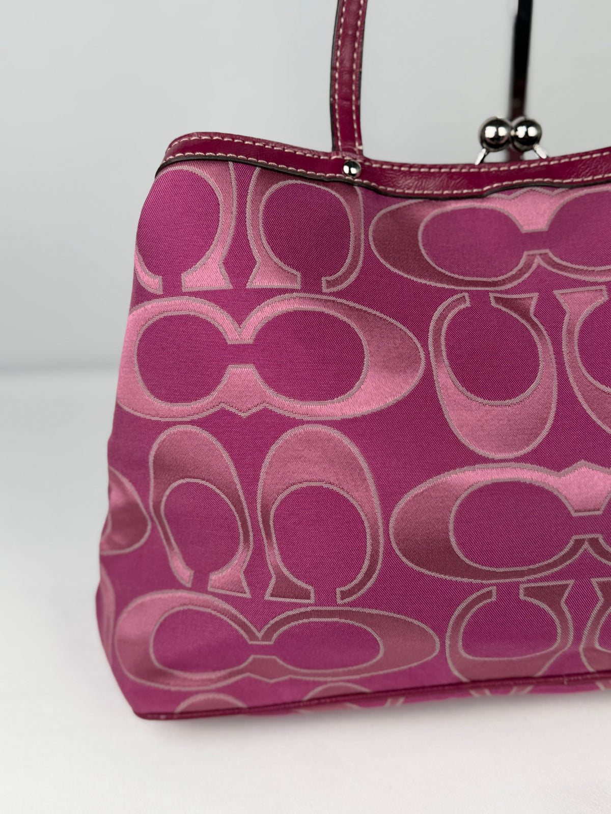 Coach F19460 Kisslock Signature Pink Monogram Shoulder Bag Leather Trim