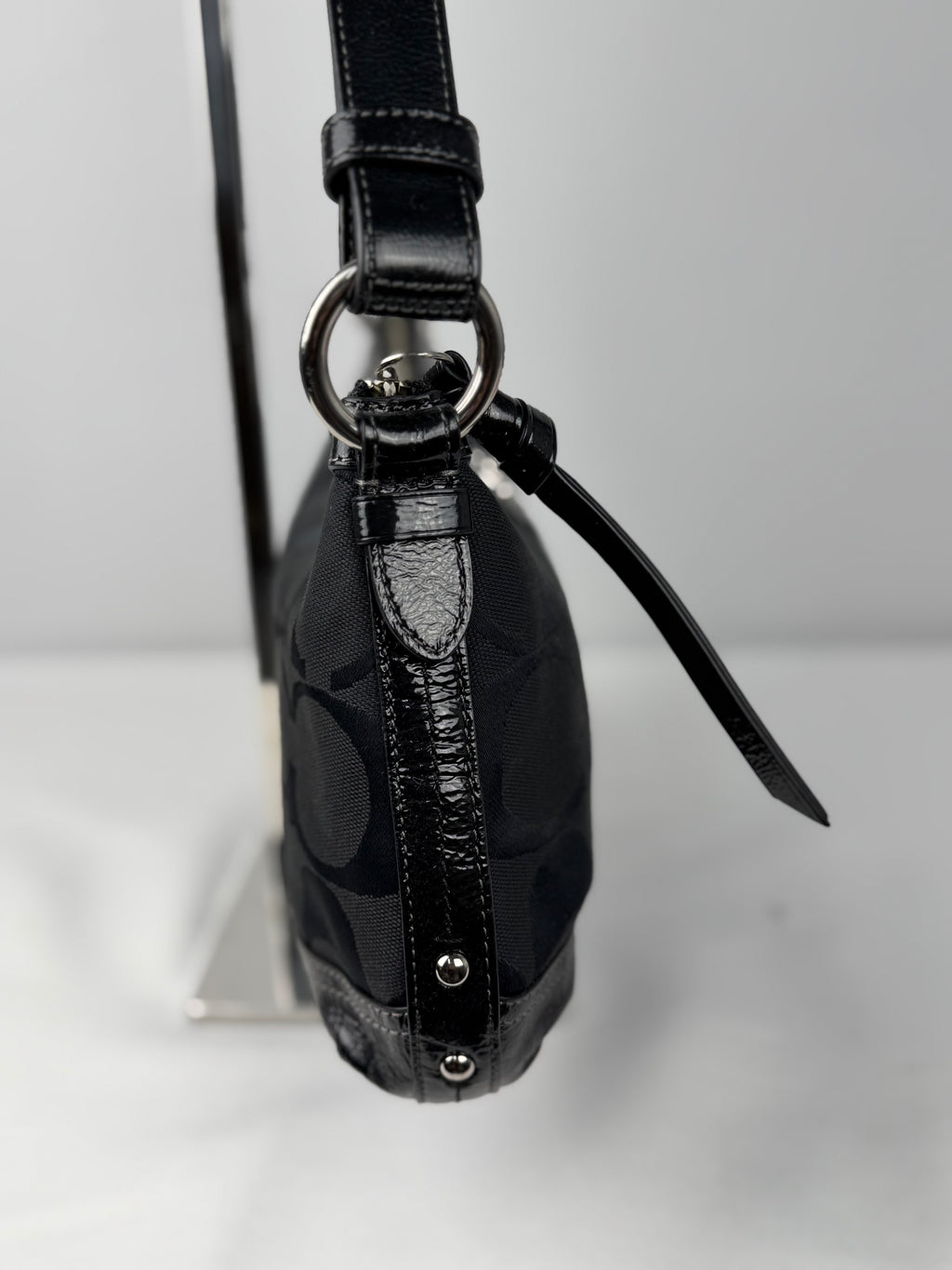 Coach F19731 Signature Black Monogram Shoulder Bag Black Patent Leather Trim