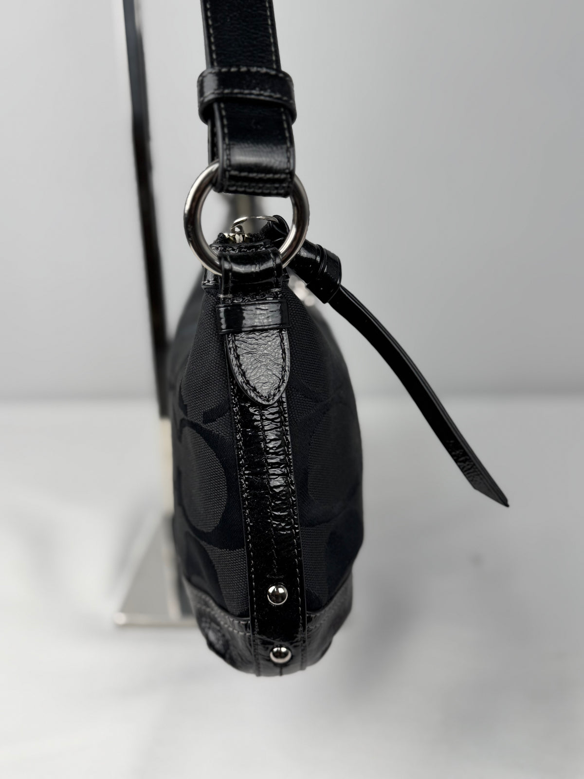 Coach F19731 Signature Black Monogram Shoulder Bag Black Patent Leather Trim