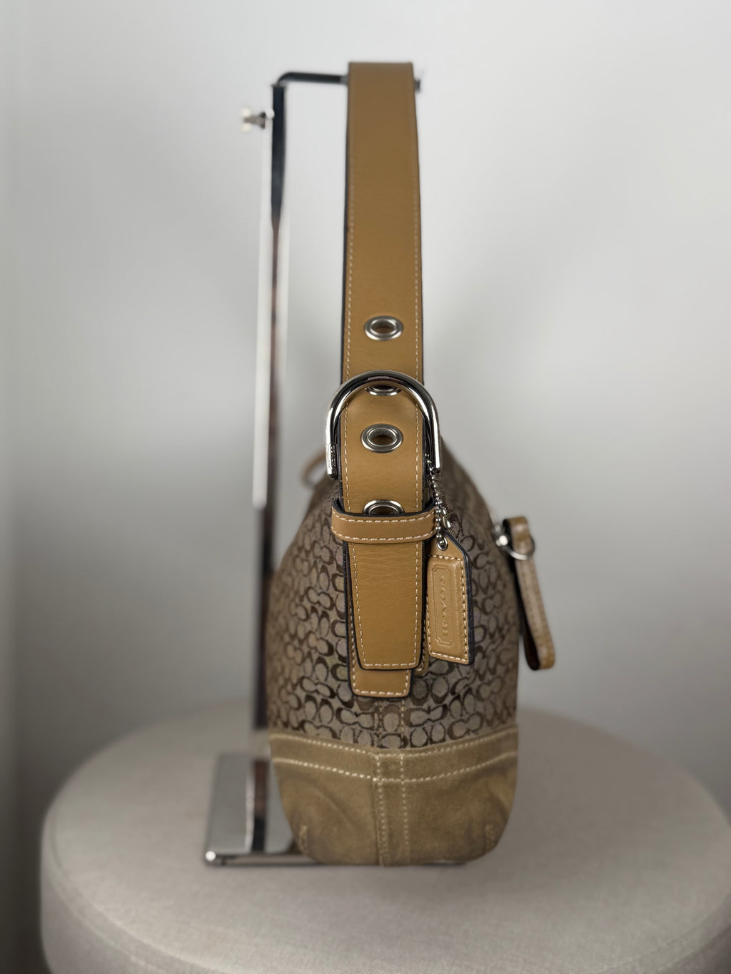 Coach F10945 Signature Brown Shoulder Bag Suede Leather Trim