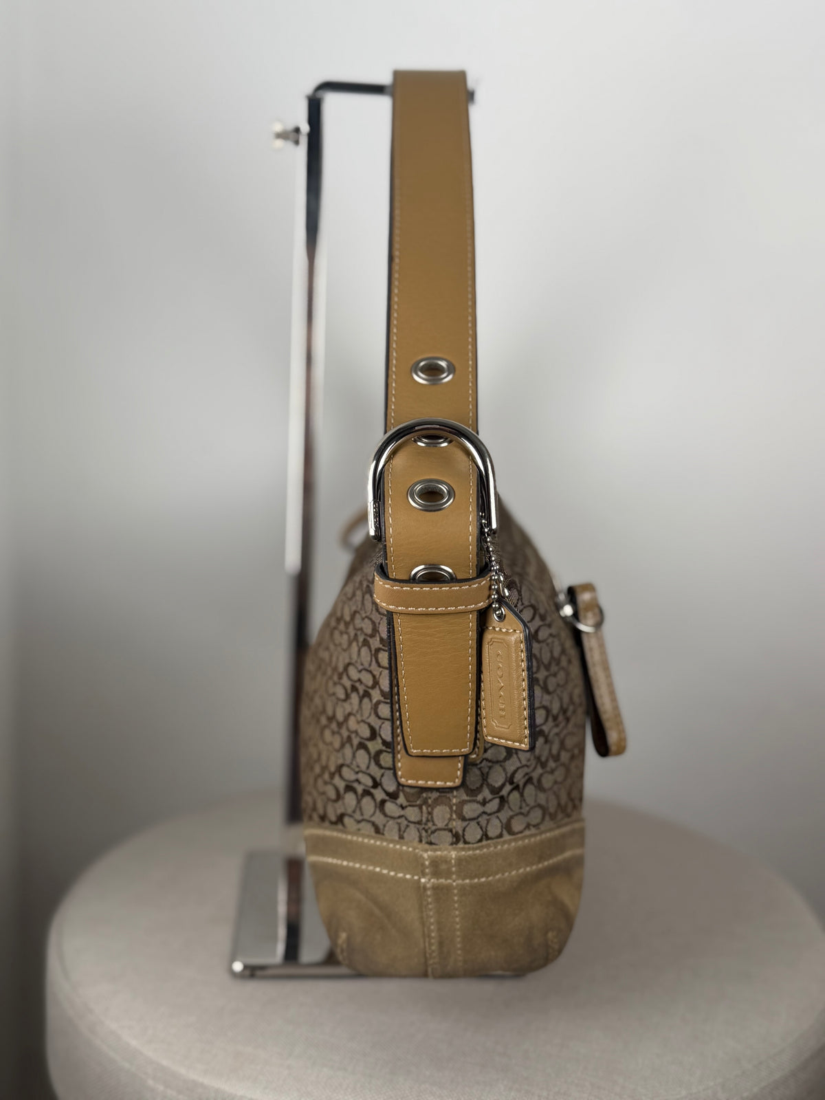 Coach F10945 Signature Brown Shoulder Bag Suede Leather Trim