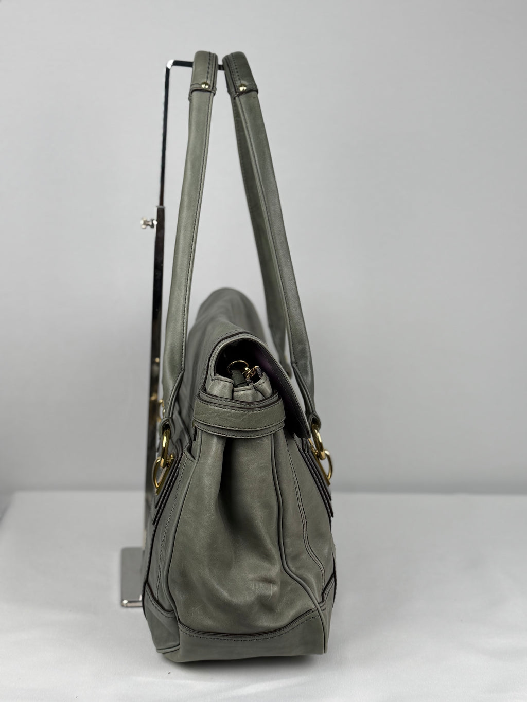 Coach 12442 Rare Hampton Lindsay Turnlock Green/Grey Leather Flap Satchel Shoulder Bag