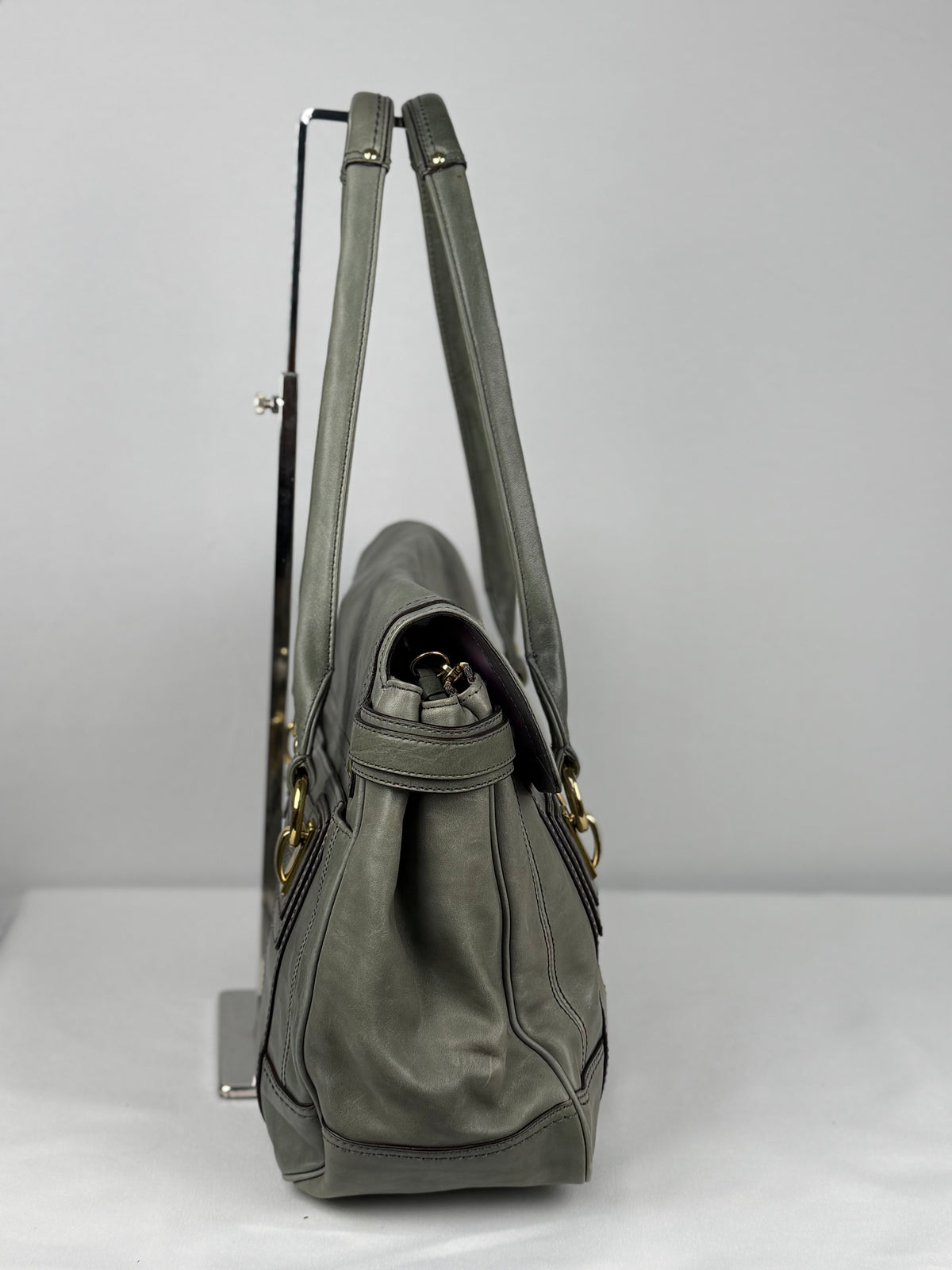 Coach 12442 Rare Hampton Lindsay Turnlock Green/Grey Leather Flap Satchel Shoulder Bag