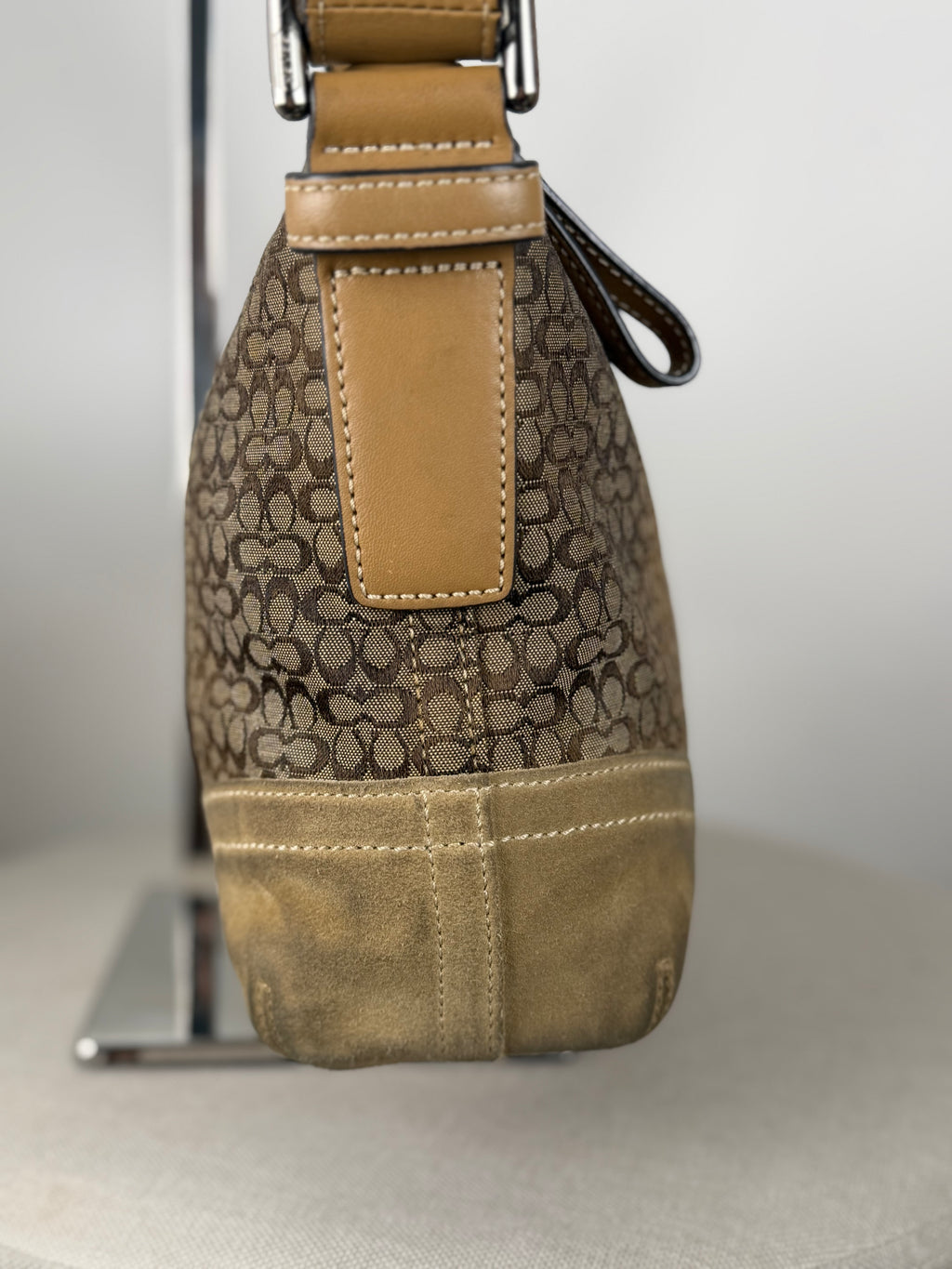 Coach F10945 Signature Brown Shoulder Bag Suede Leather Trim