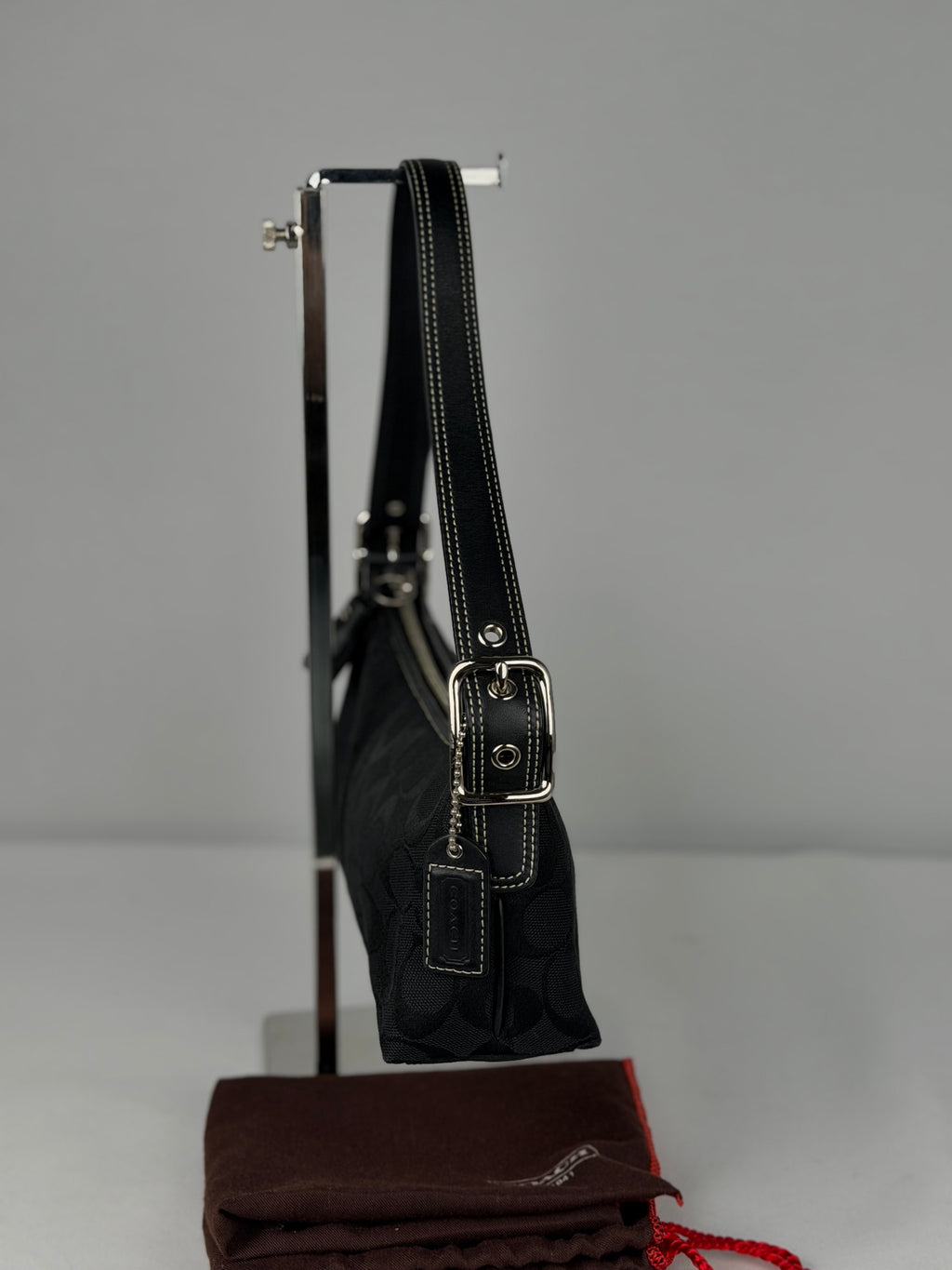 Coach 8K01 Baguette Signature Black Shoulder Bag Leather Trim with dustbag