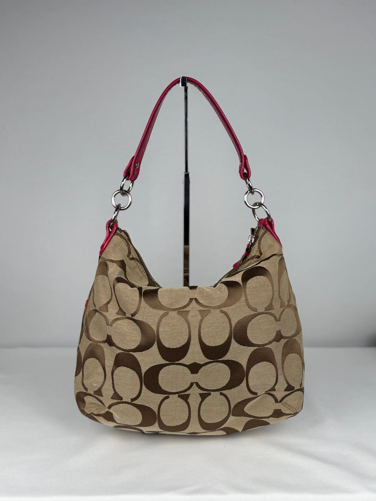 Coach F23392 Daisy Signature Brown Monogram Double Pocket Shoulder Bag Pink Leather Trim