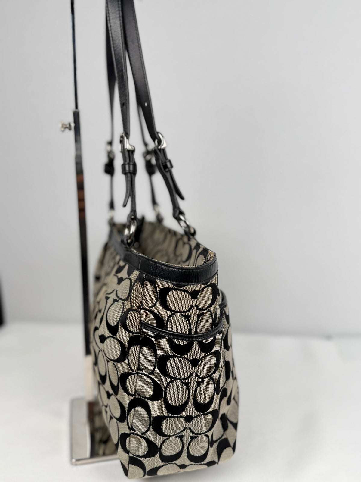Coach F17726 Signature Grey/Black Shoulder Bag Leather Trim