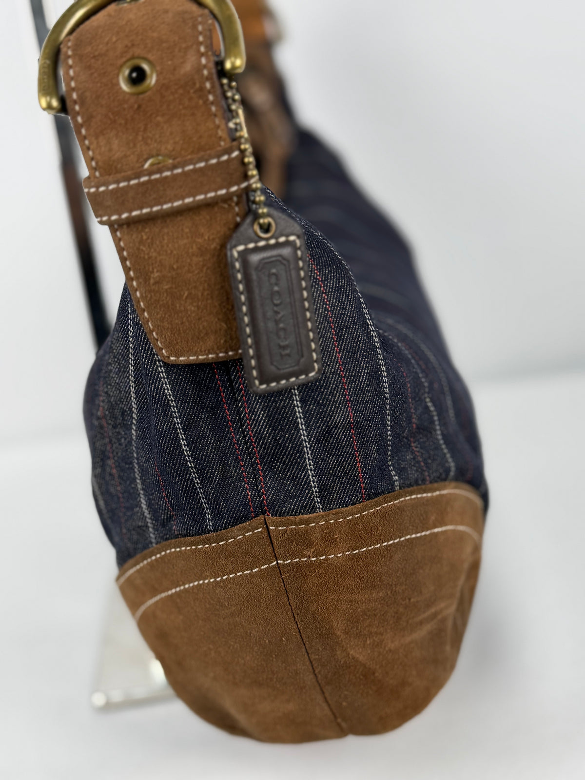 Coach 9527 Hobo Denim Pinistripe Shoulder Bag Brown Suede Leather Trim