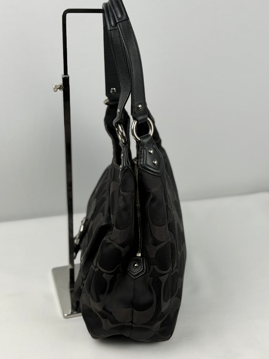 Coach F24742 Soho Black Moogram Shoulder Bag Black Leather Trim