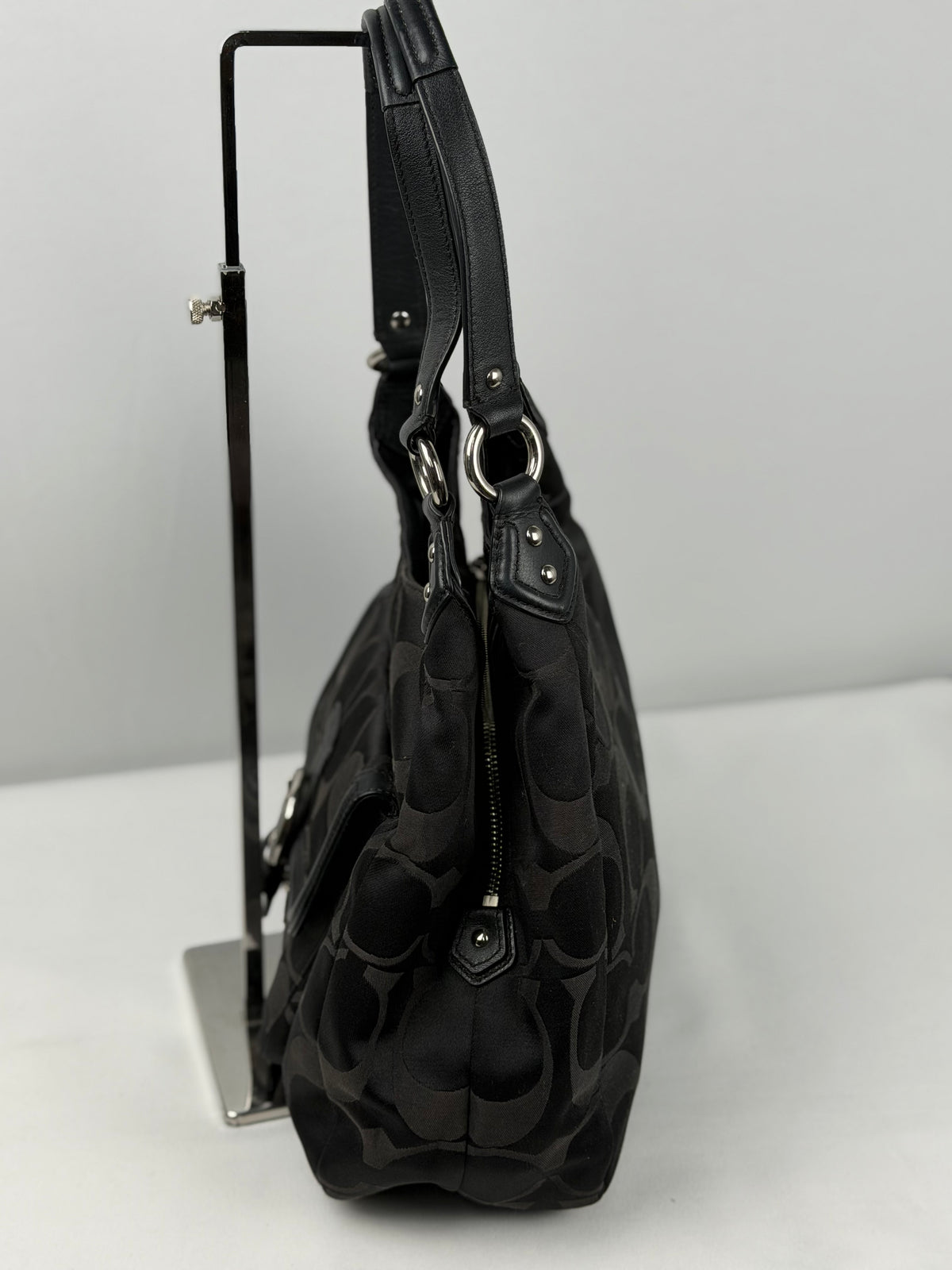 Coach F24742 Soho Black Moogram Shoulder Bag Black Leather Trim