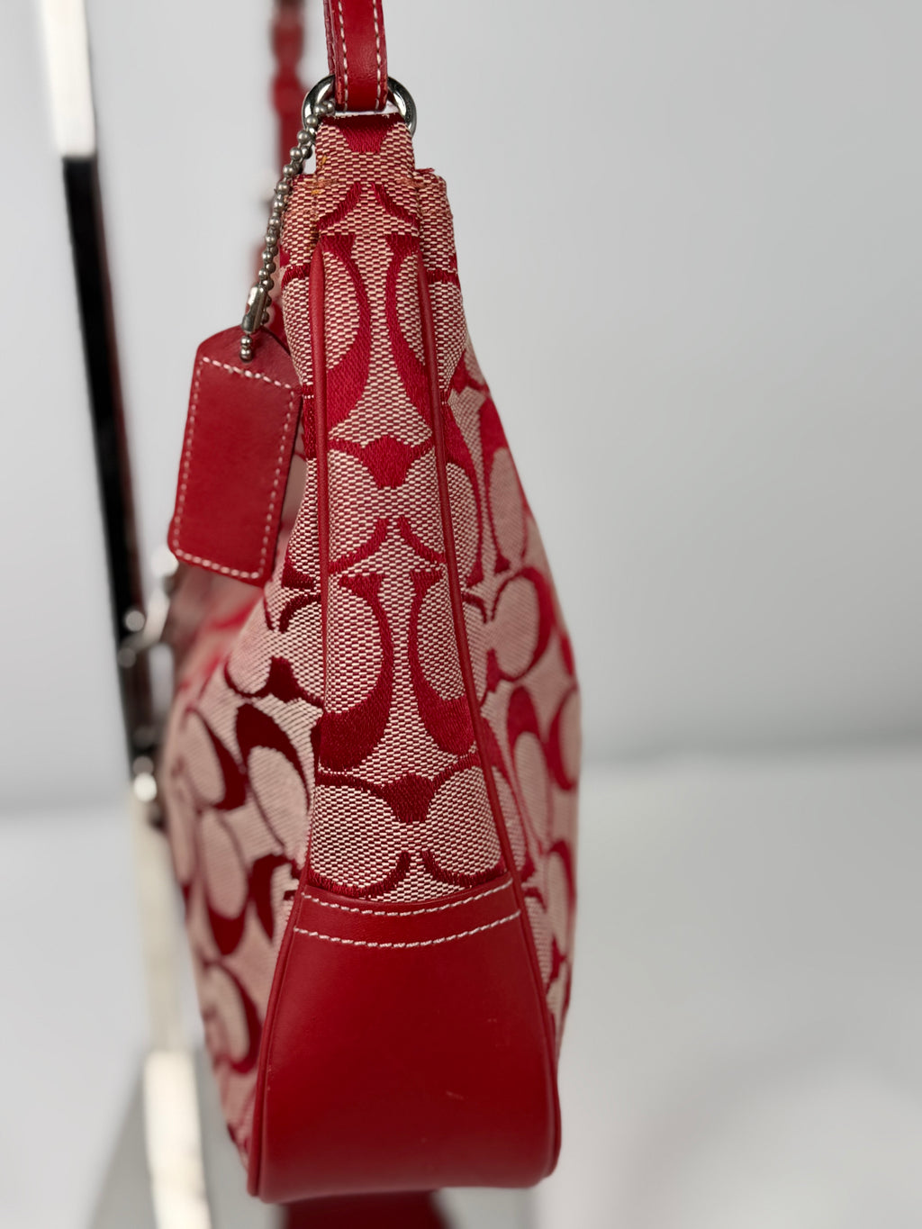 Coach 6091 Hampton Clip Red Signature Monogram Shoulder Bag Leather Trim
