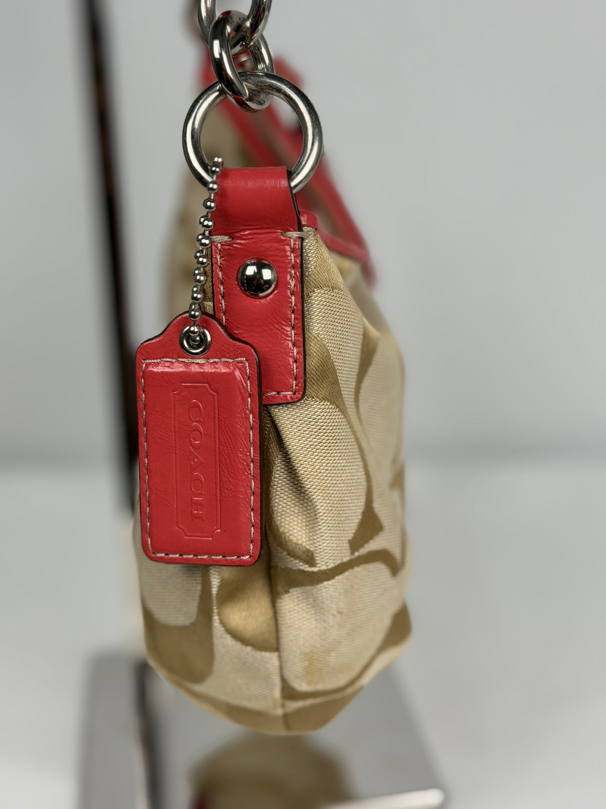 Coach F15111 Signature Beige Monogram Shoulder Bag Red Leather Trim