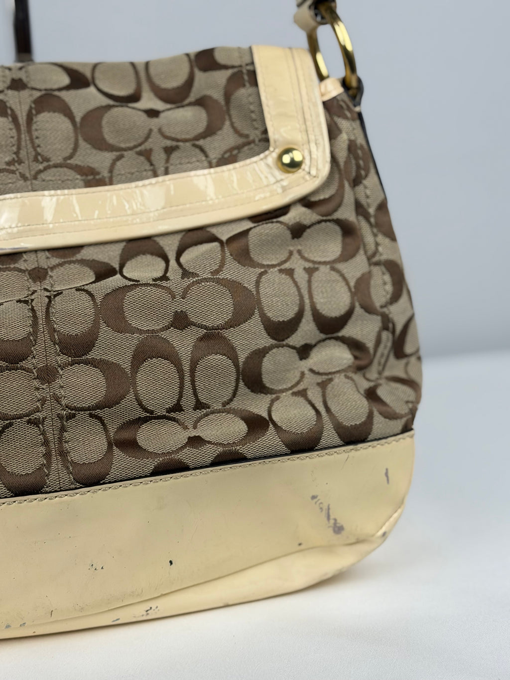 Coach F12857 Legacy Ali Signature Brown Monogram Shoulder Bag Cream Patent Leather Trim