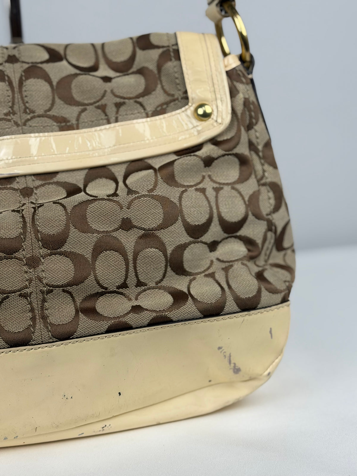Coach F12857 Legacy Ali Signature Brown Monogram Shoulder Bag Cream Patent Leather Trim