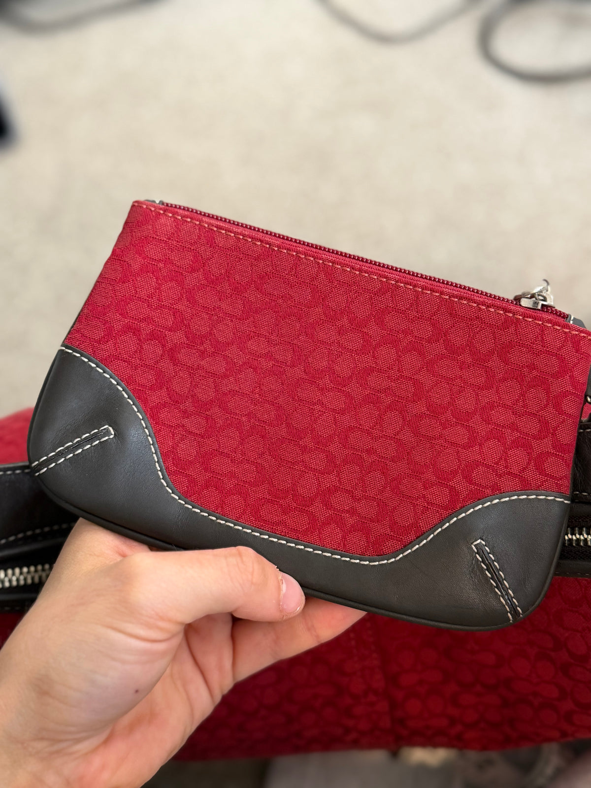 Coach 6385 Rare Hobo Red Signature Monogram Shoulder Bag with matching wristlet Brown Leather Trim