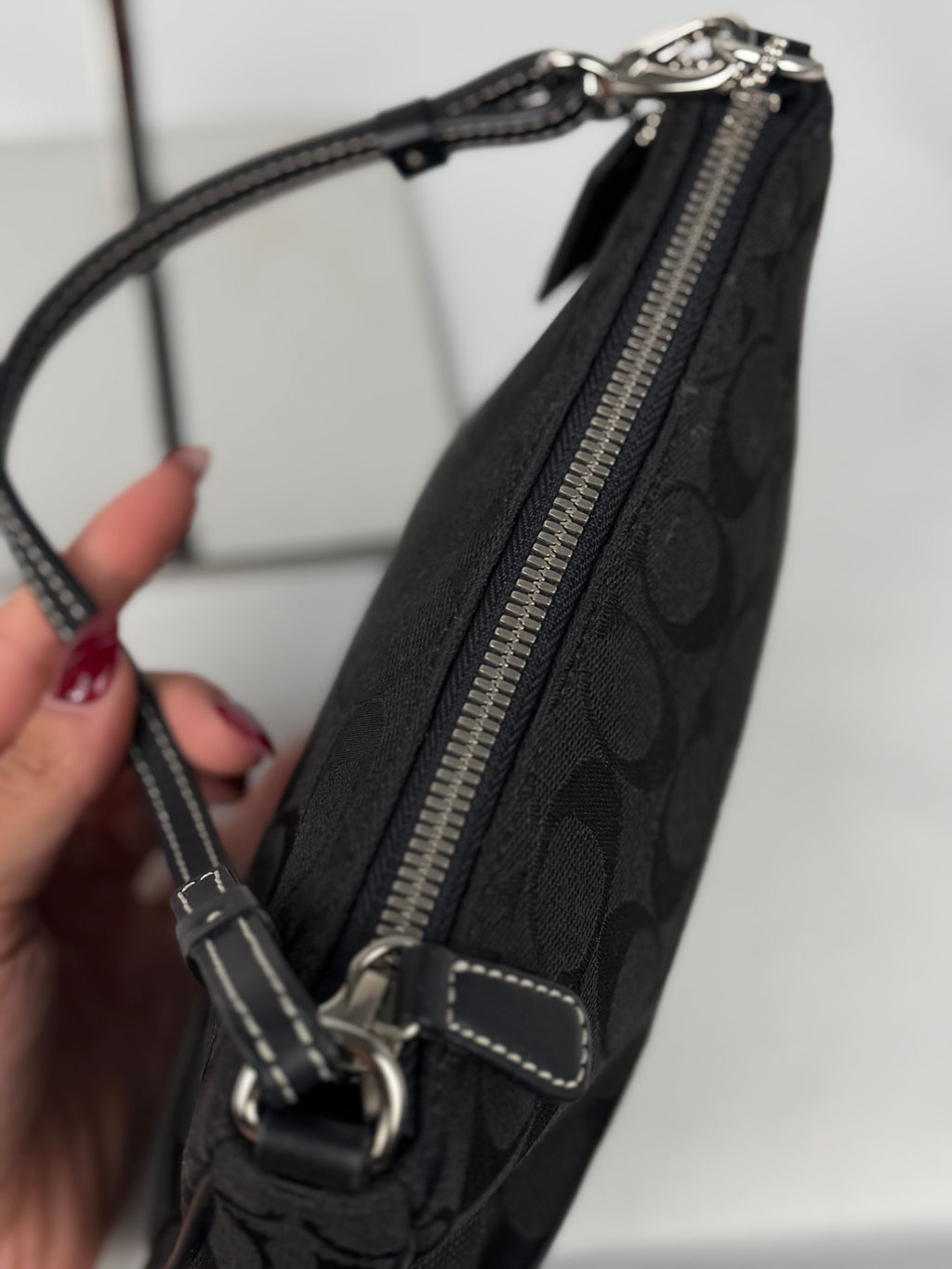Coach 6094 Demi Signature Black Monogram Mini Shoulder Bag Leather Trim