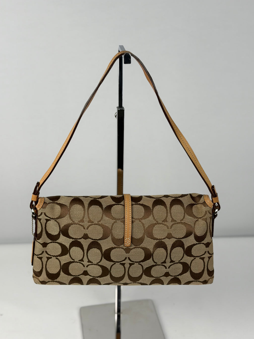 Coach 6348 Demi Clip Signature Brown Monogram Shoulder Bag Tan Leather Trim