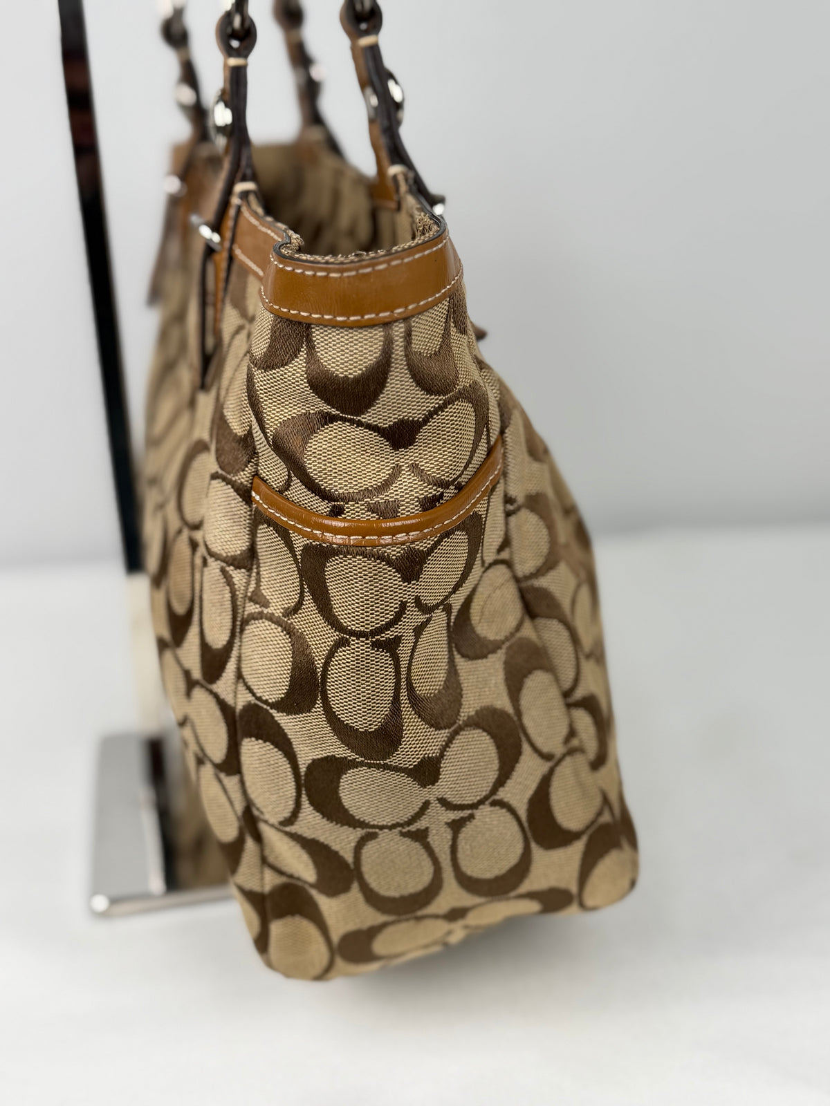 Coach F15146 Signature Brown Monogram Shoulder Tote Bag Leather Trim