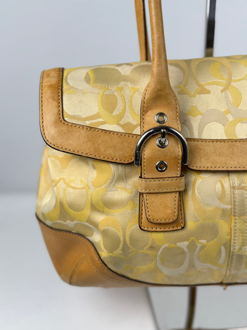 Coach 6722 Yellow Op Art Monogram Soho Shoulder Bag Tan Leather Trim