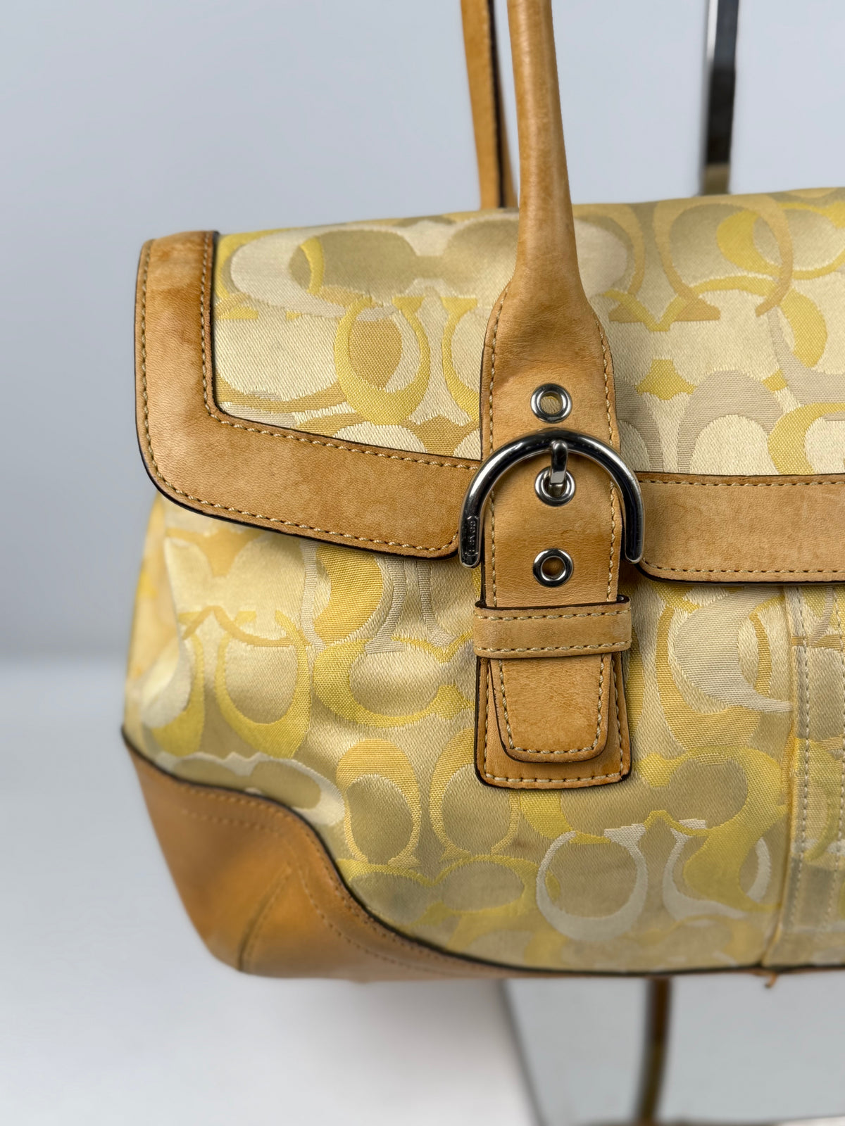 Coach 6722 Yellow Op Art Monogram Soho Shoulder Bag Tan Leather Trim