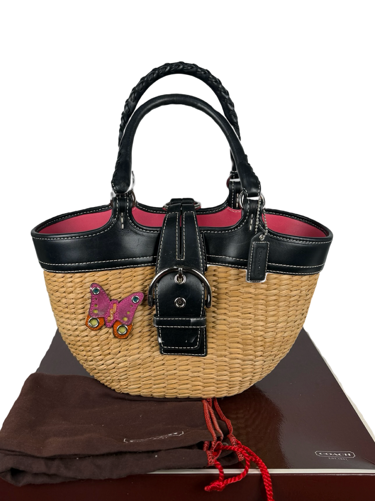Coach 6270 Woven Wicker Basket Bag Butterfly Detail Leather Trim