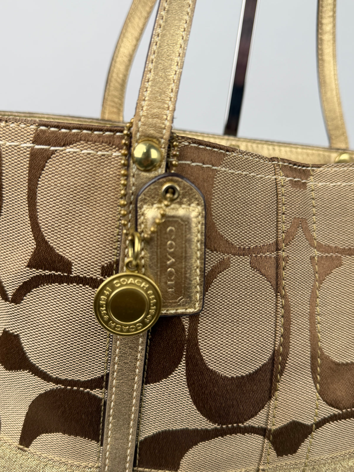 Coach 11098 Signature Brown/Gold Monogram Shoulder Tote Bag Leather Trim