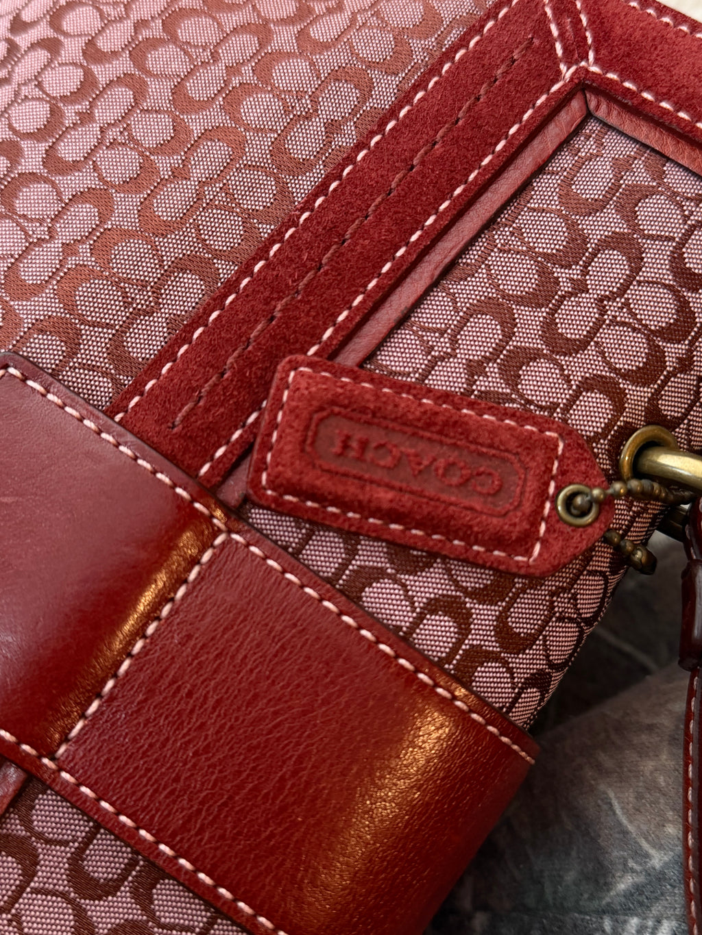 Coach 7078 Rare Soho Red Signature Monogram Hand Bag Leather Trim
