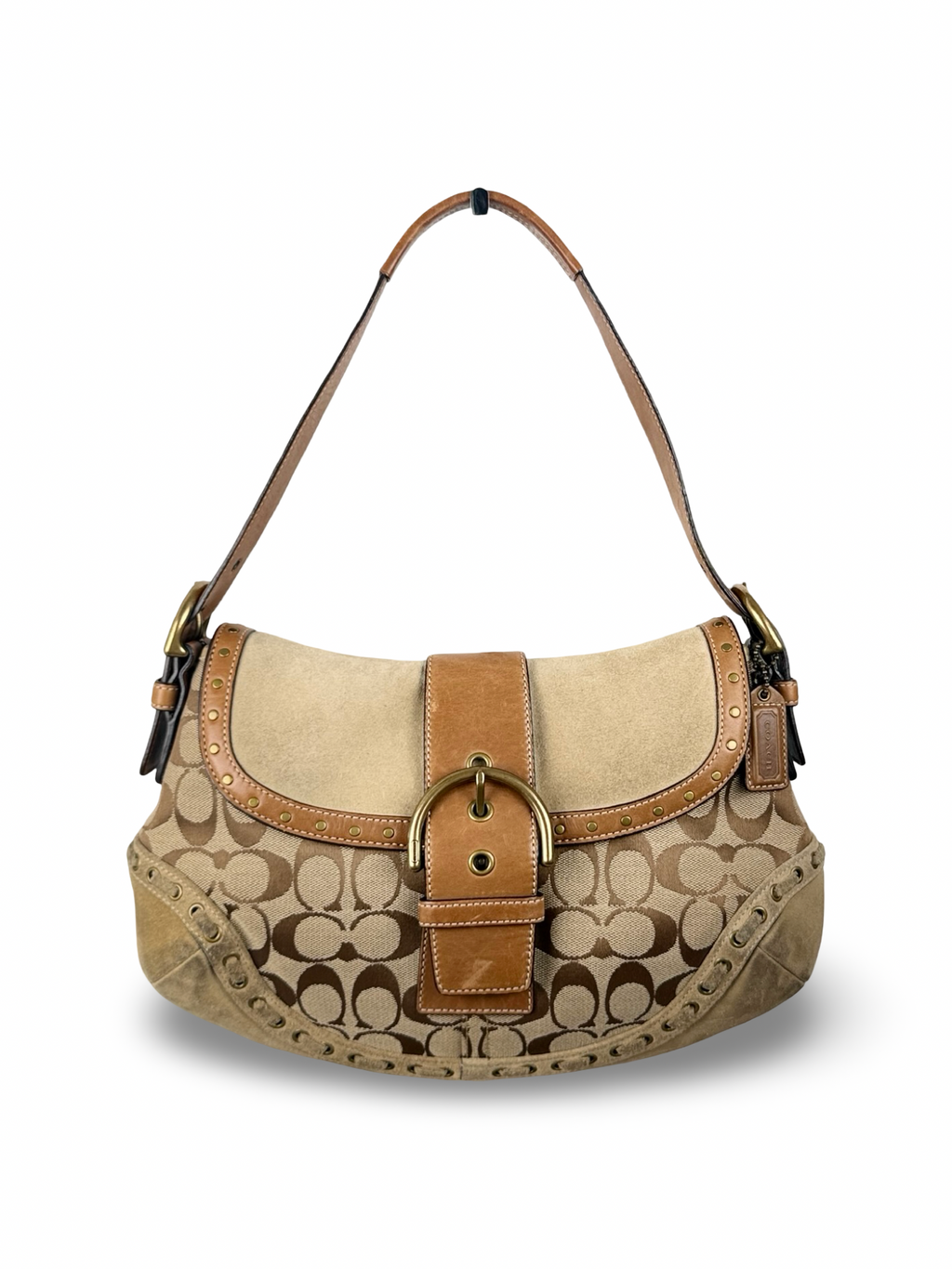 Coach 9373 Rare Soho Studded Hardware Signature Brown Monogram Shoulder Bag Suede Leather Trim