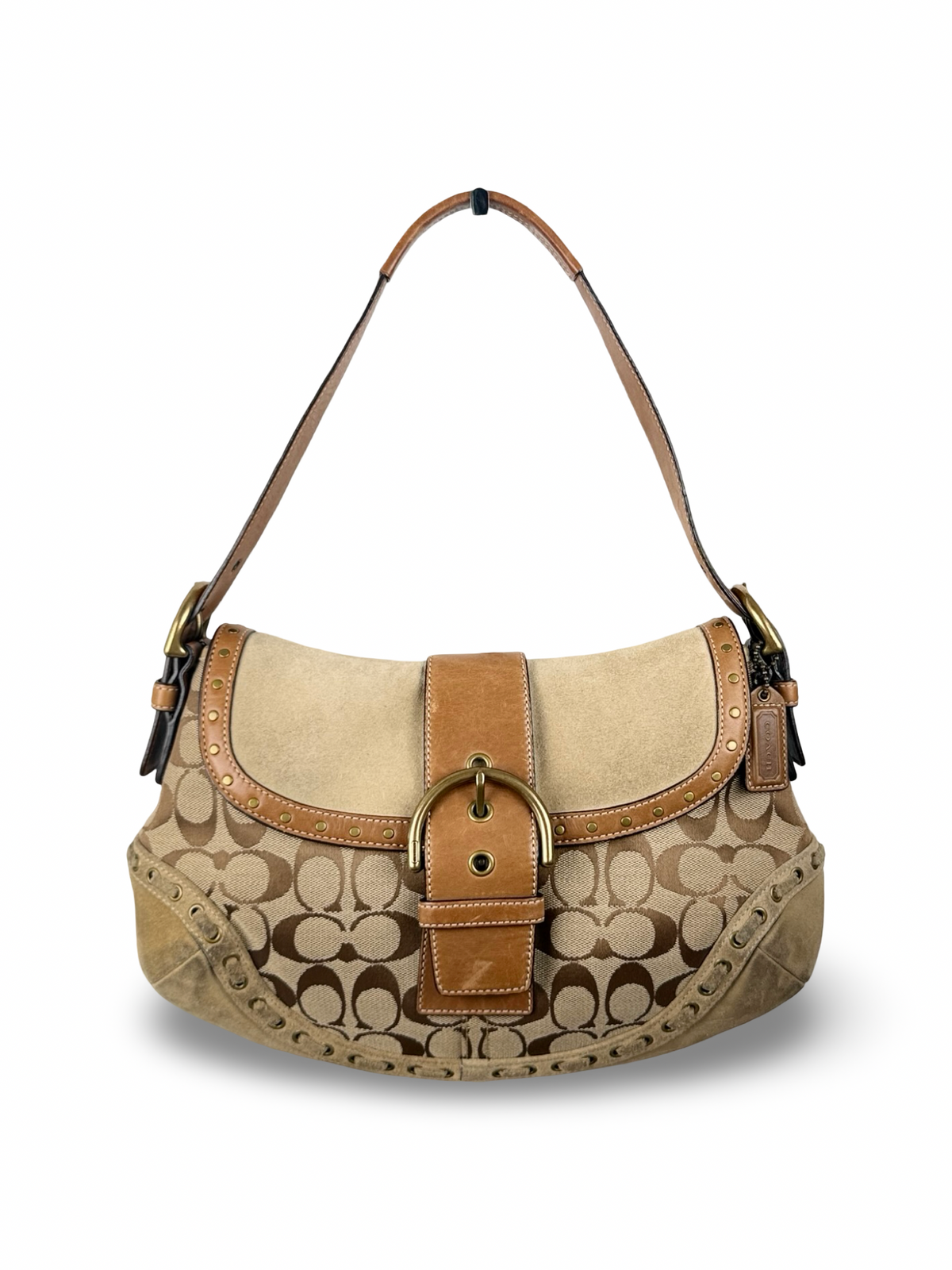 Coach 9373 Rare Soho Studded Hardware Signature Brown Monogram Shoulder Bag Suede Leather Trim