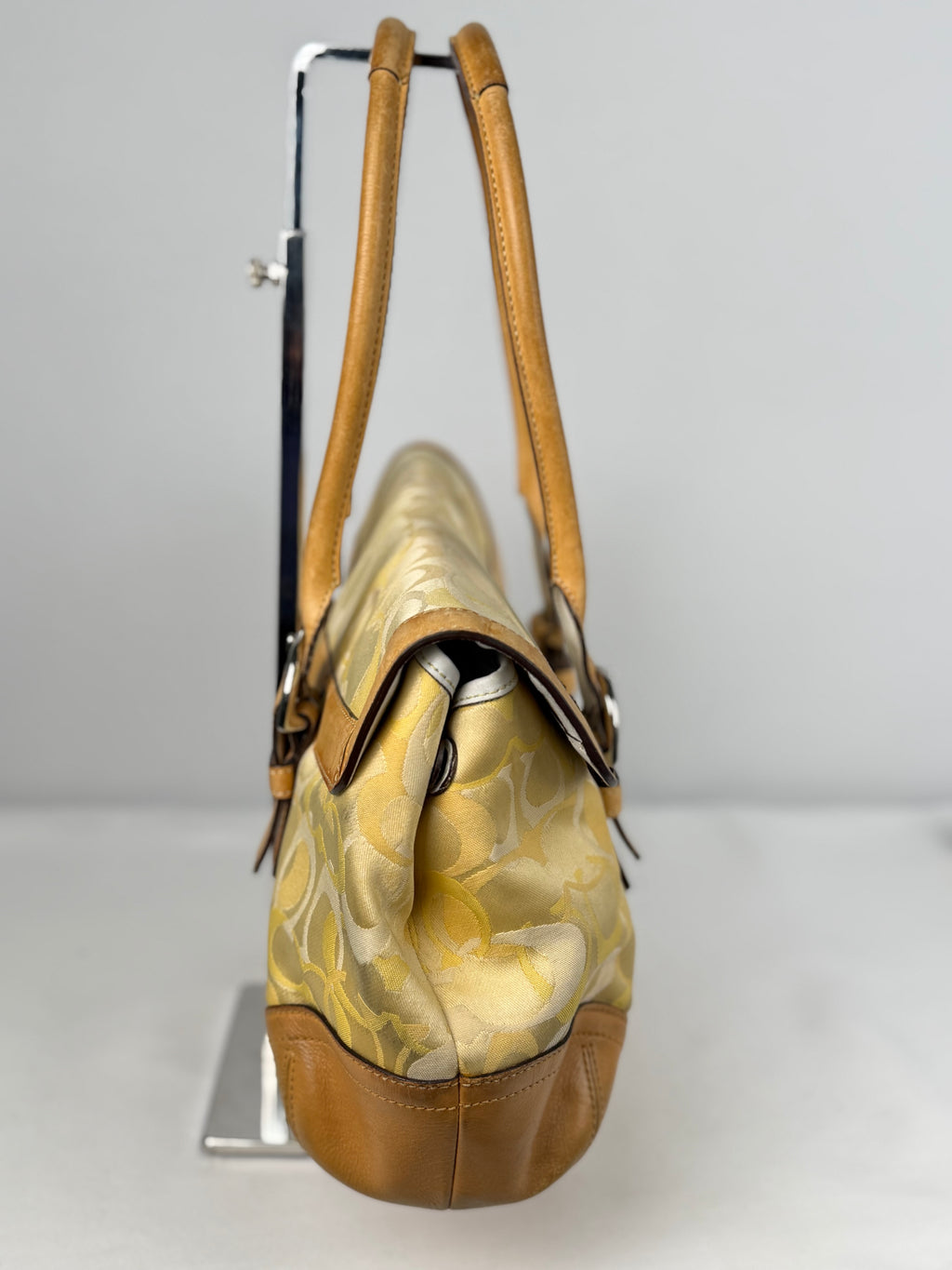 Coach 6722 Yellow Op Art Monogram Soho Shoulder Bag Tan Leather Trim