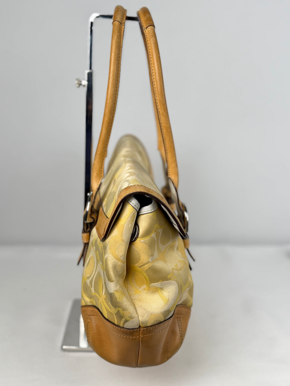 Coach 6722 Yellow Op Art Monogram Soho Shoulder Bag Tan Leather Trim