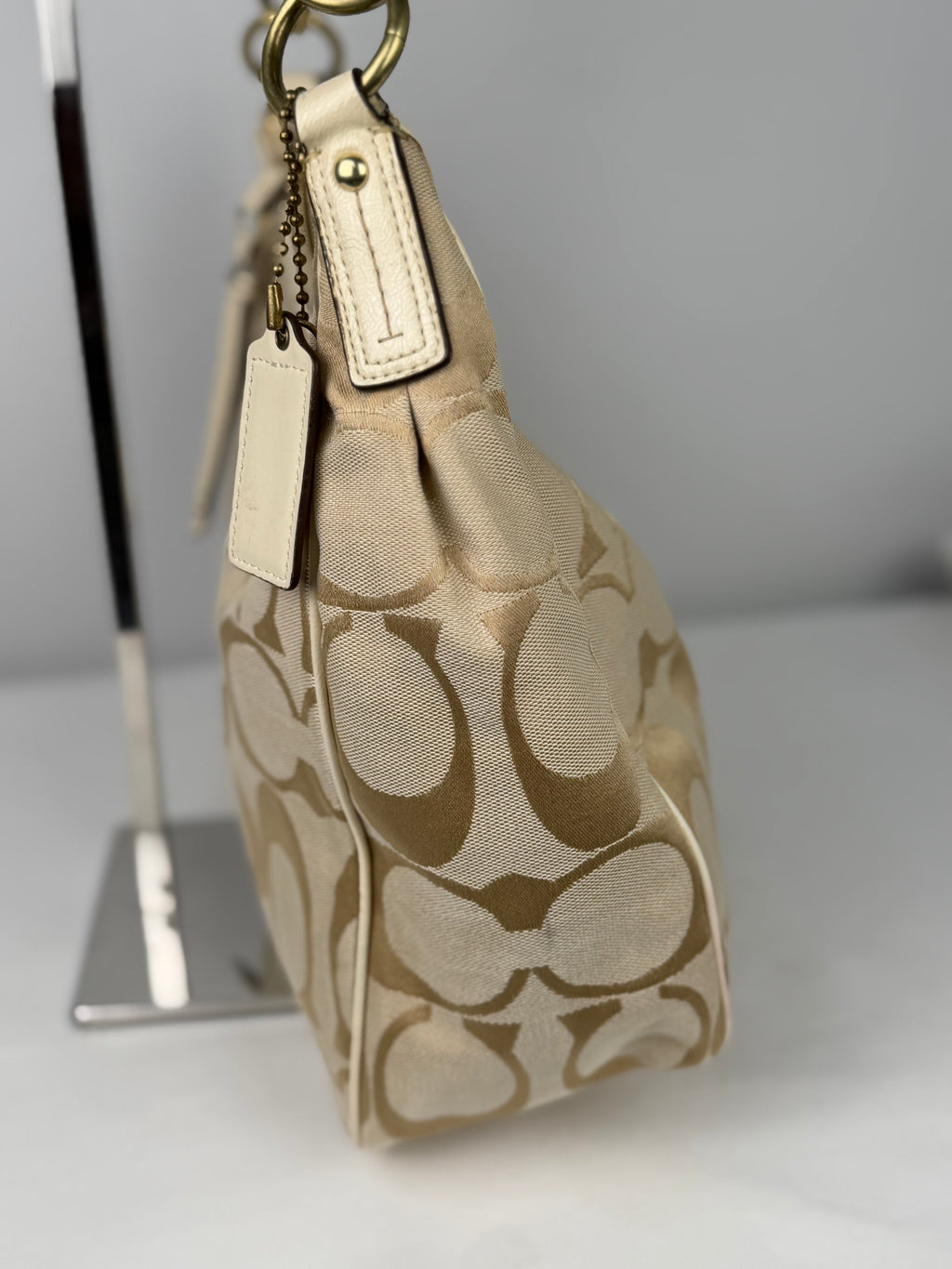 Coach F21873 Signature Beige Monogram Shoulder Bag Cream Leather Trim
