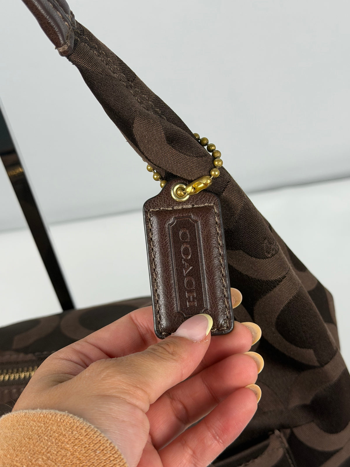 Coach 14061 Hobo Brown Op Art Shoulder Bag Leather Trim
