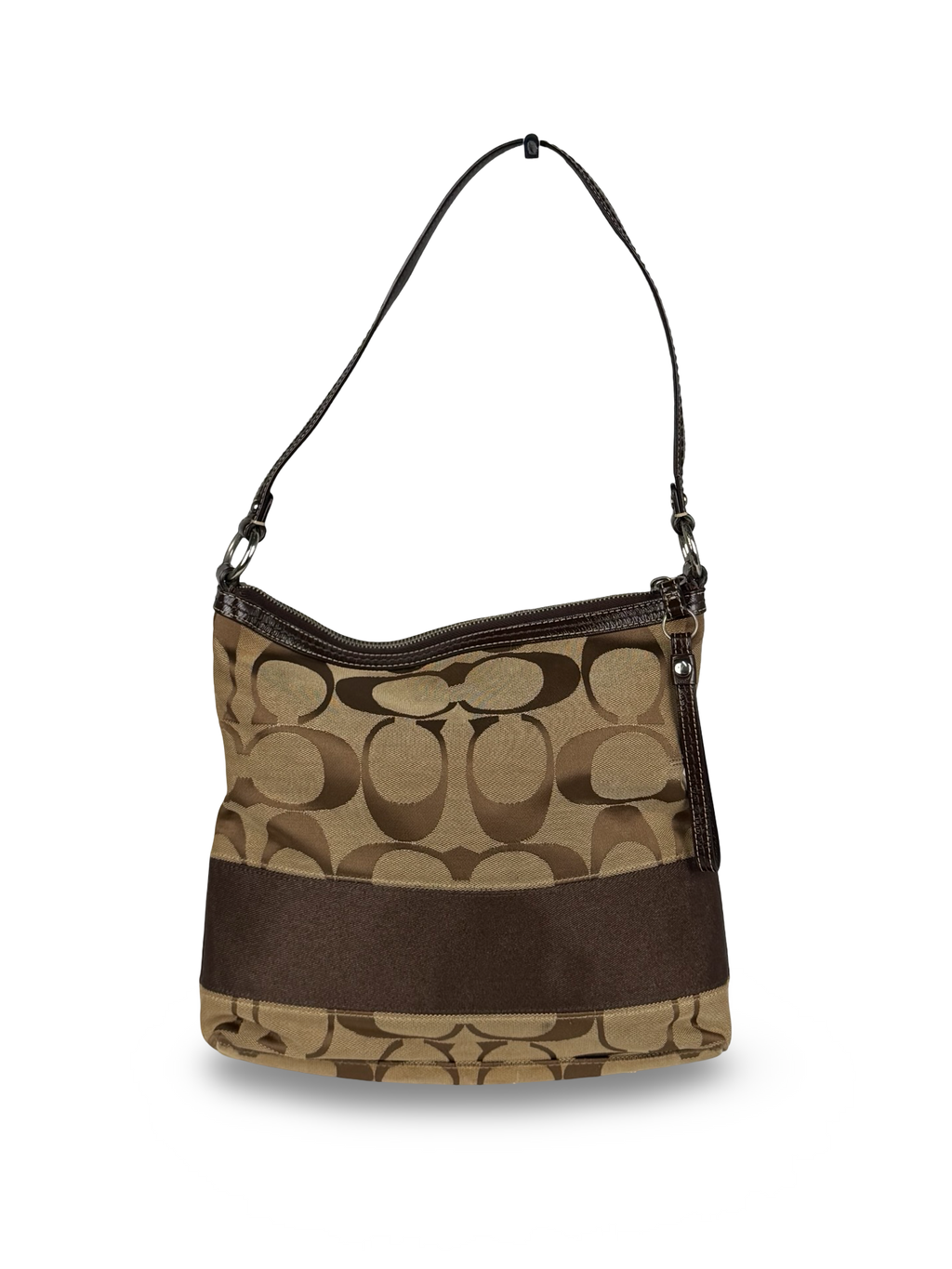 Coach F13674 Signature Brown Monogram Shoulder Bag Leather Trim