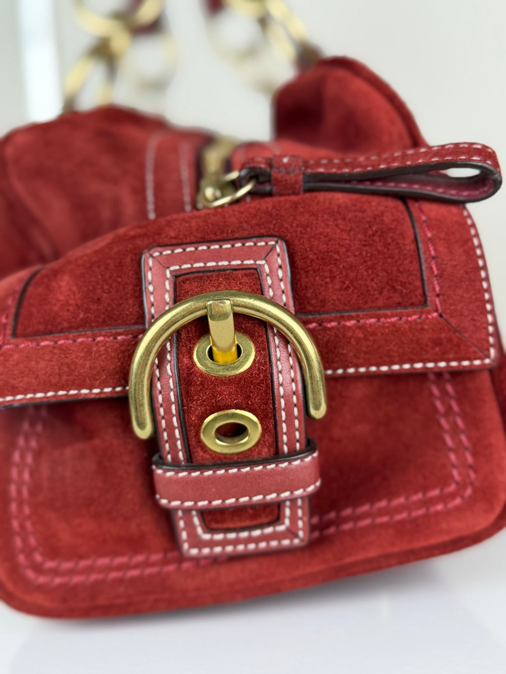 Coach Rare 10061 Mia Soho Red Suede Boston Shoulder Bag Leather Trim