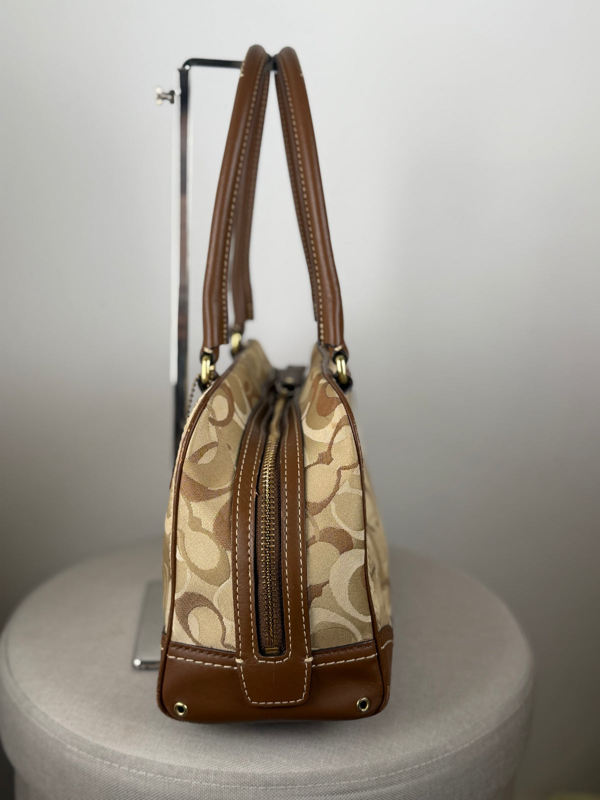 Coach 10777 Brown/Beige Optic Art Monogram Boston Shoulder Bag Brown Leather Trim