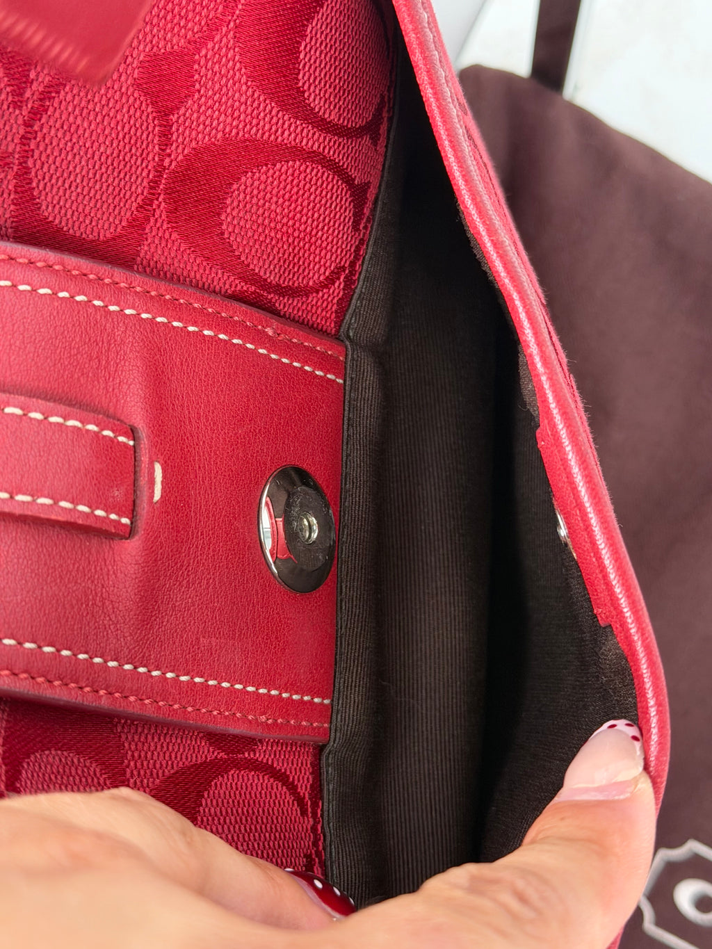 Rare Coach 8K03 Hampton Clip Red Monogram Shoulder Bag Leather Trim