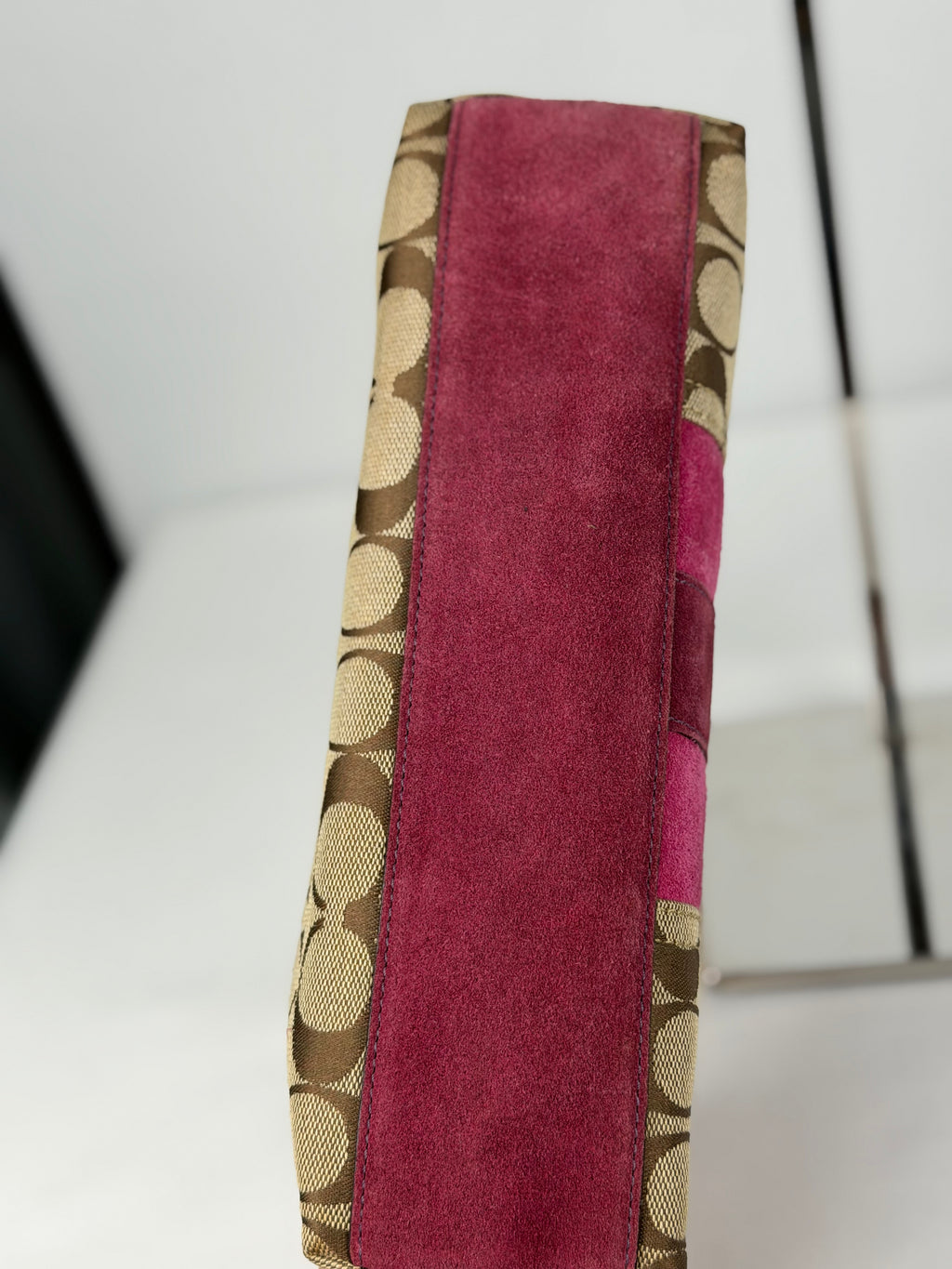 Coach 7039 Signature Brown Monogram Pink Suede Striped Detail Baguette Shoulder Bag