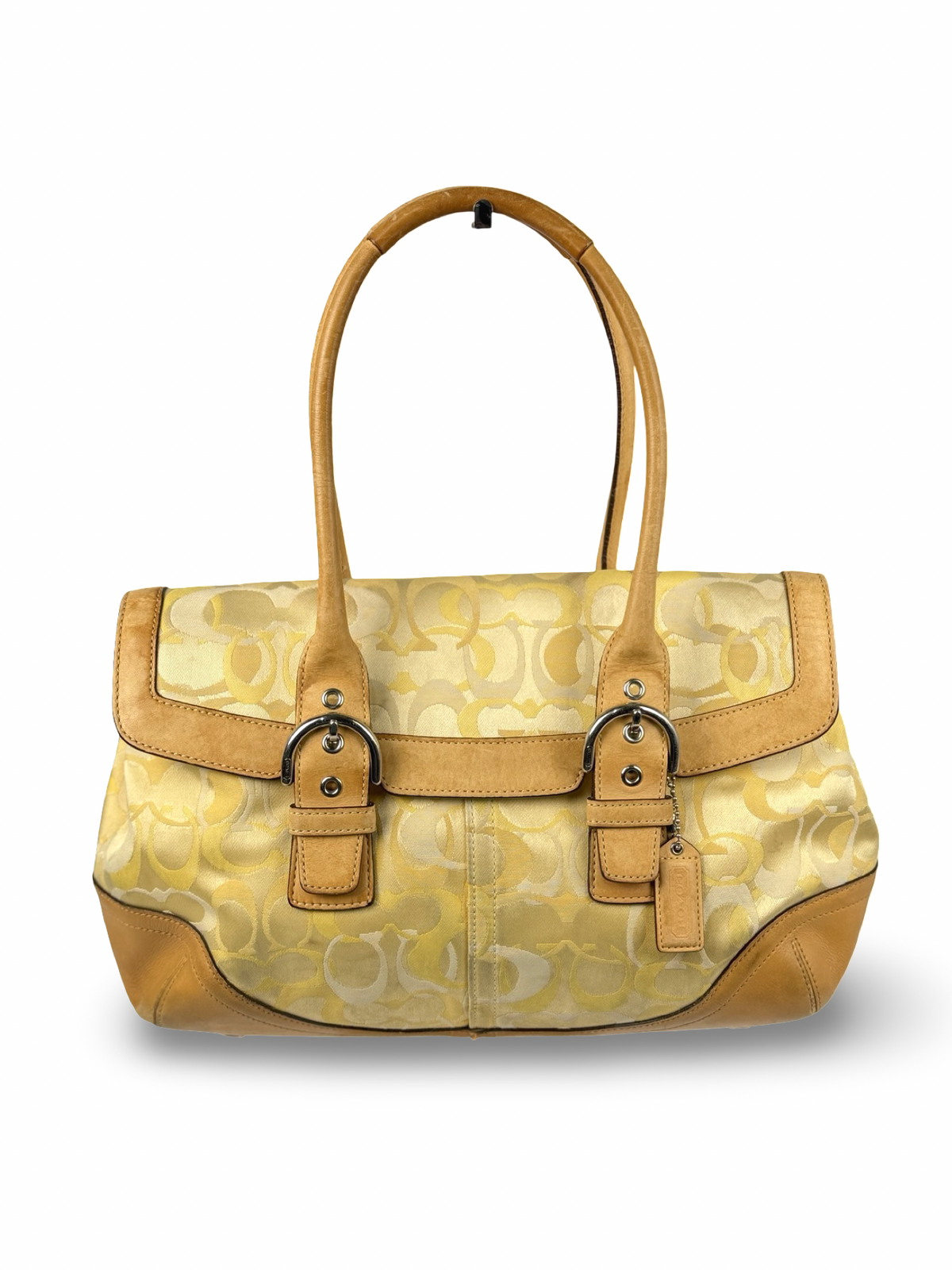 Coach 6722 Yellow Op Art Monogram Soho Shoulder Bag Tan Leather Trim