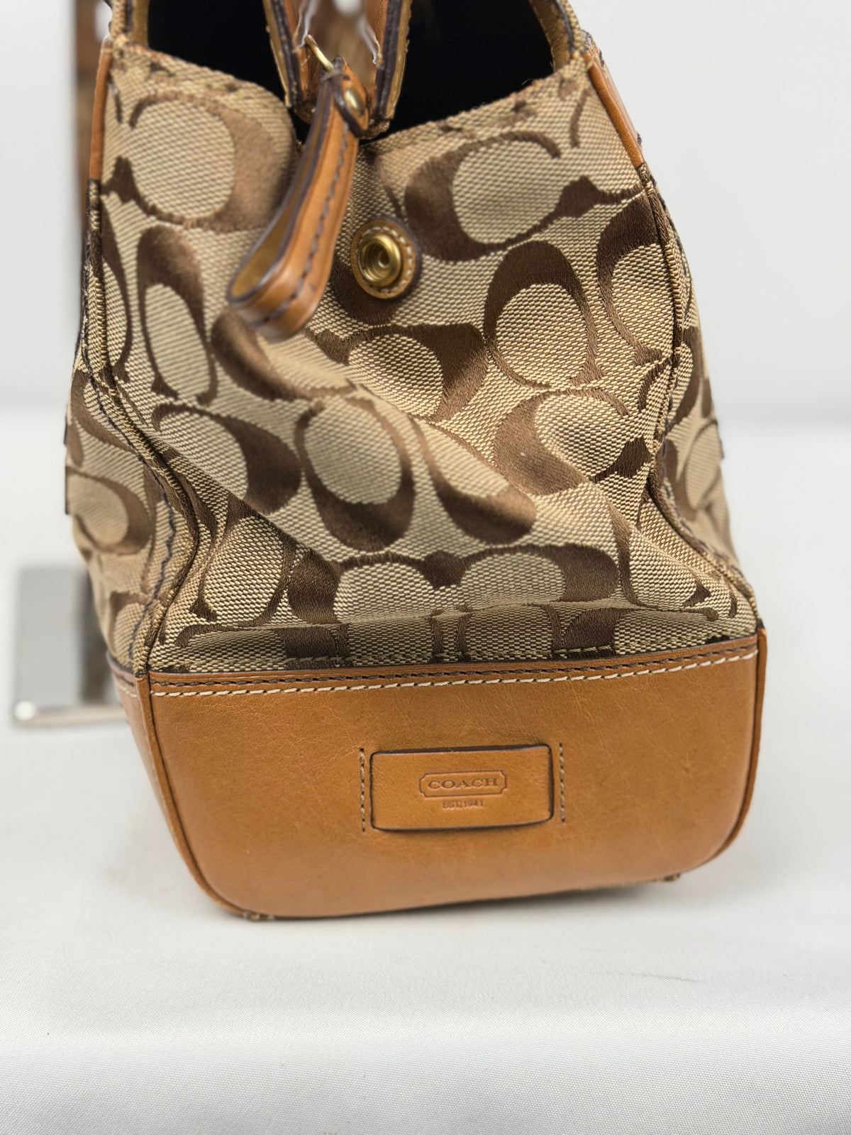 Coach 11063 Hampton Turnlock Signature Brown Monogram Shoulder Bag