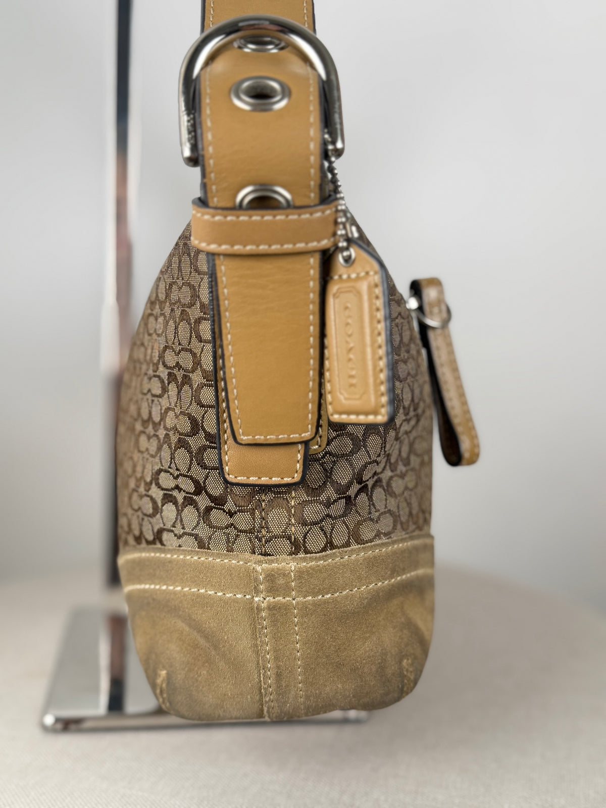 Coach F10945 Signature Brown Shoulder Bag Suede Leather Trim